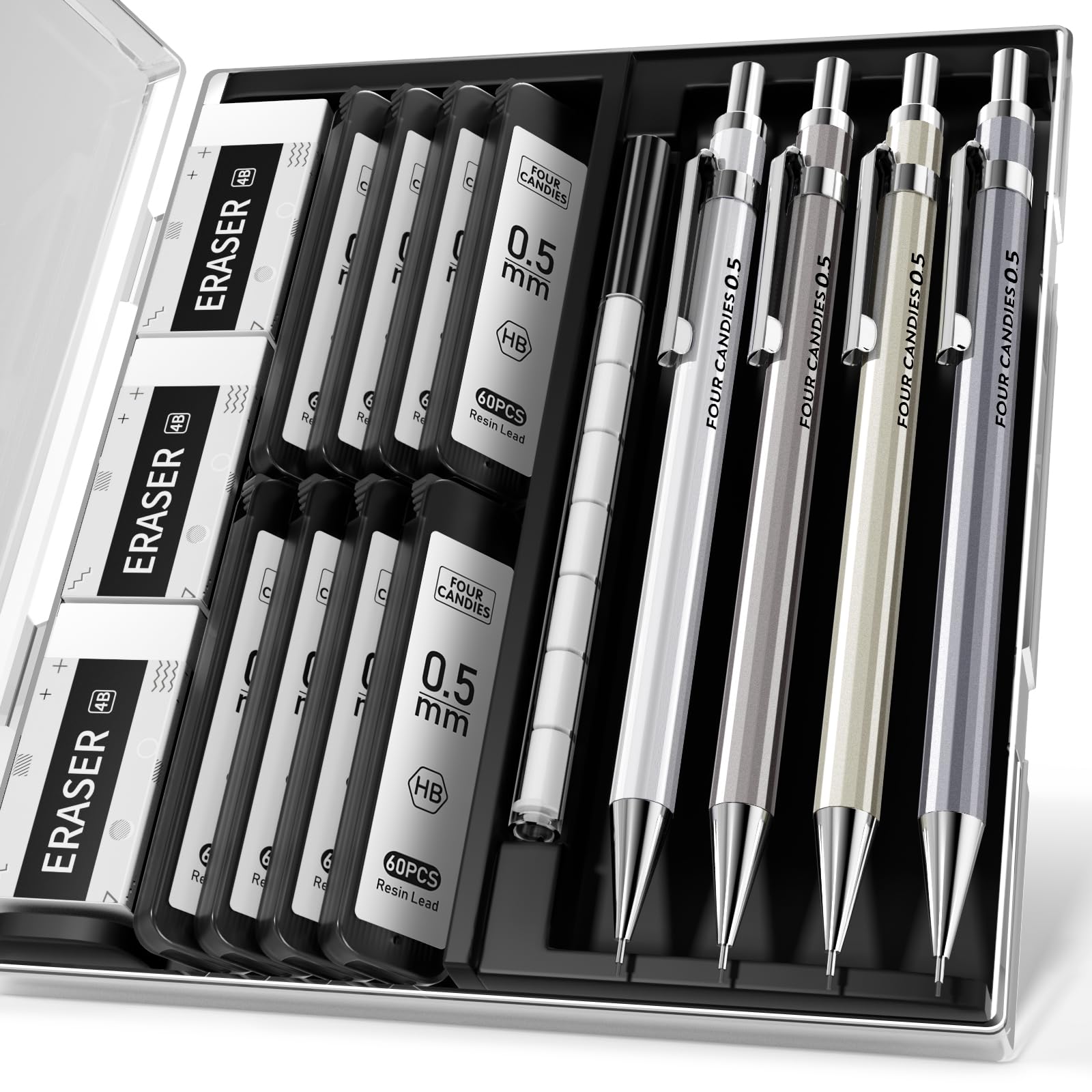 0.5mm Mechanical Pencil Set with Case - 4 Metal Pencils, 8 HB #2 Lead Refills, 3 Erasers & 9 Refills for Writing, Drawing & Sketching | School, Office & Art Supplies | Perfect for Students, Artists & Professionals