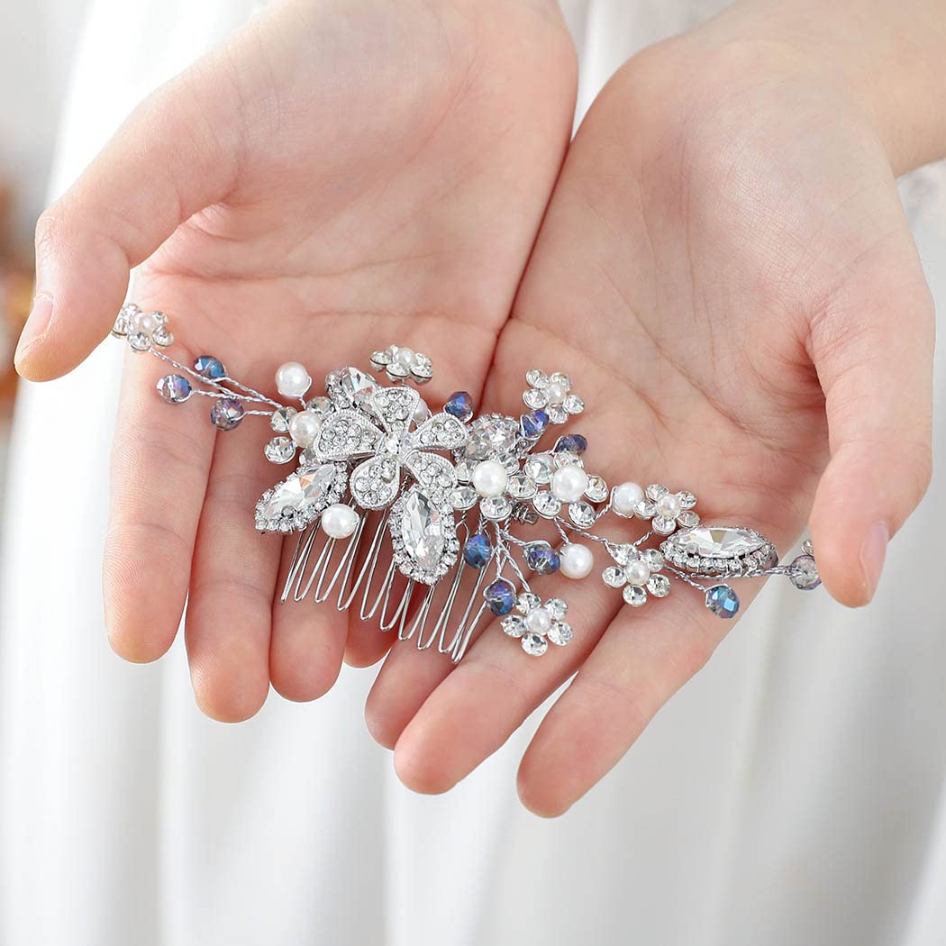 Silver Crystal Wedding Hair Comb with Blue Rhinestones - Bridal Hair Accessories for Women
