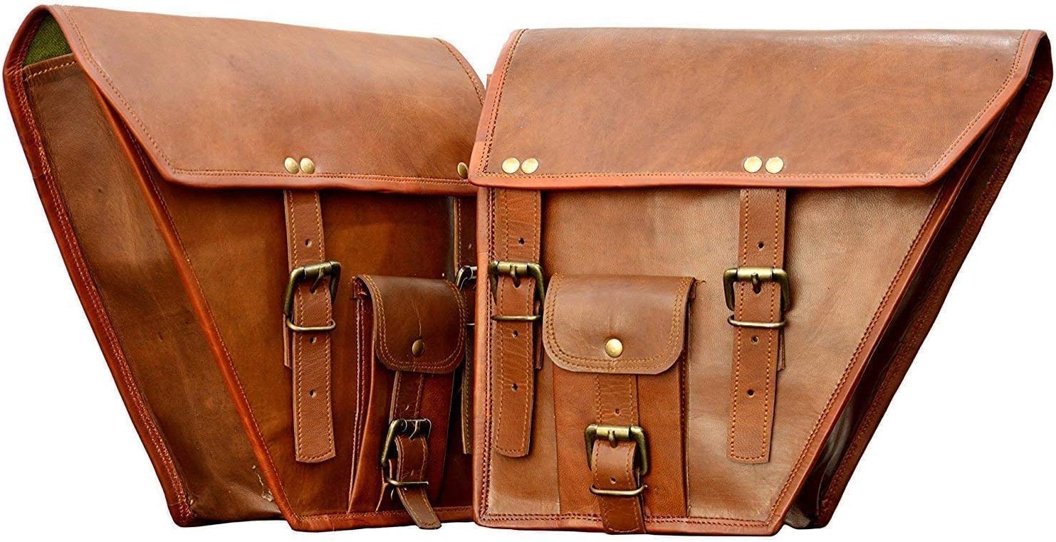 2 Pack Genuine Leather Motorcycle Saddle Bags - Waterproof Bike Shoulder Bag & Tool Pouch for Harley, Cruiser - Brown Handlebar Sissy Bar Travel Accessories (Ideal for Road Trips, Camping & Daily Commute)