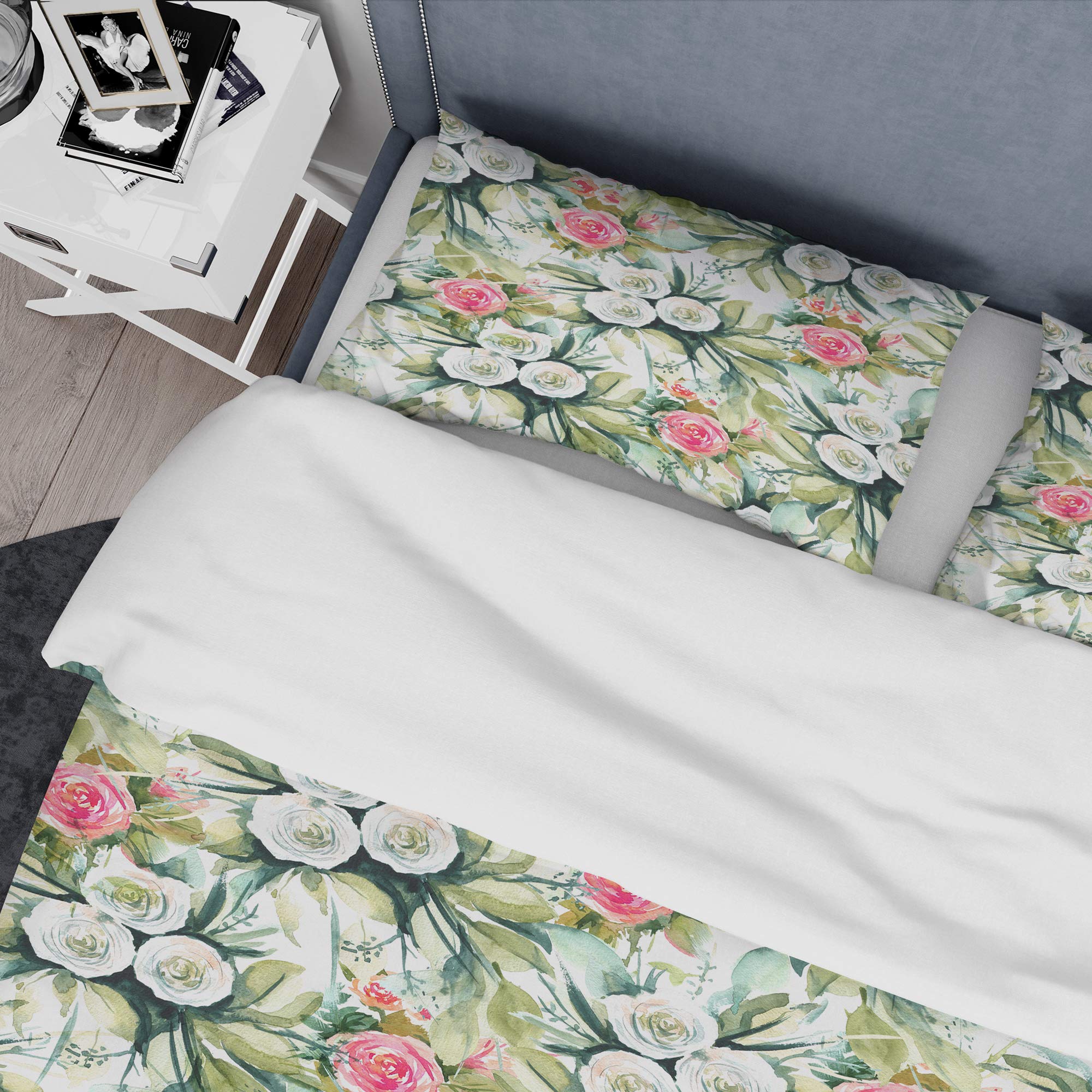 White and Red Roses Seamless Pattern Nautical Coastal Duvet Cover Set - Twin Size Green Floral Bedding 3-Piece Set | All Season Beach House & Coastal Decor Bedroom Essentials