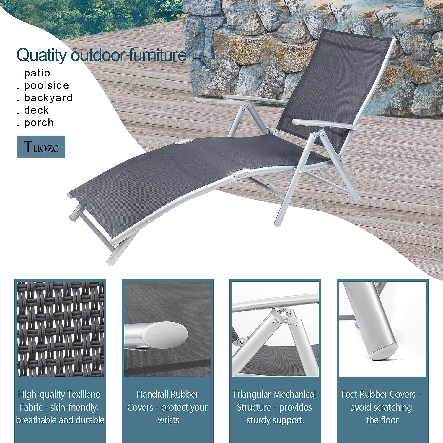 **Tuoze 2-Pack Adjustable Folding Recliner Chairs – Outdoor Chaise Lounge for Patio, Pool, Beach, Yard & Balcony – Foldable Tanning Sunbathing Chair (Grey) – Perfect for Relaxing, Lounging & Sunbathing**