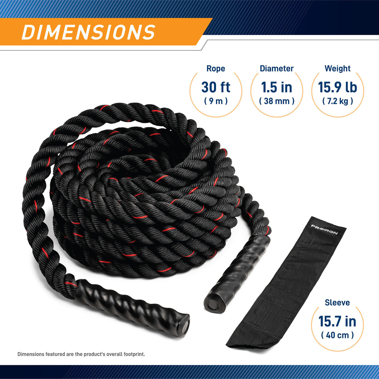 ProIron PRO ZS01 1.5 Inch (38mm) Heavy Duty Battle Rope - 30 ft (9M) for CrossFit, Gym & Home Workouts | Strength Training & Cardio Exercise Equipment
