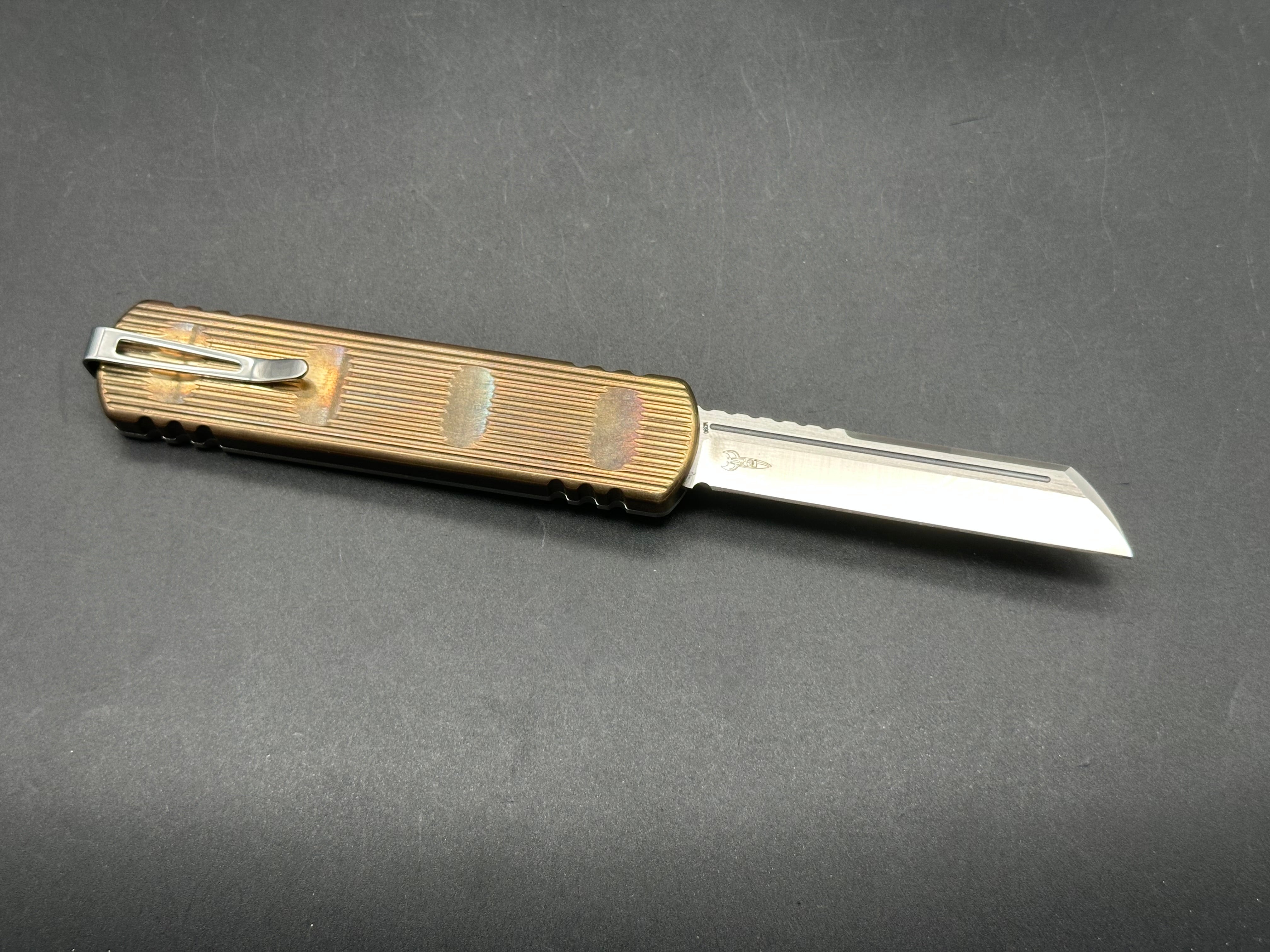 D Rocket Design Zulu Aluminum Bronze Top Satin M390 OTF Automatic Knife - EDC Pocket Knife for Outdoor, Camping & Tactical Use