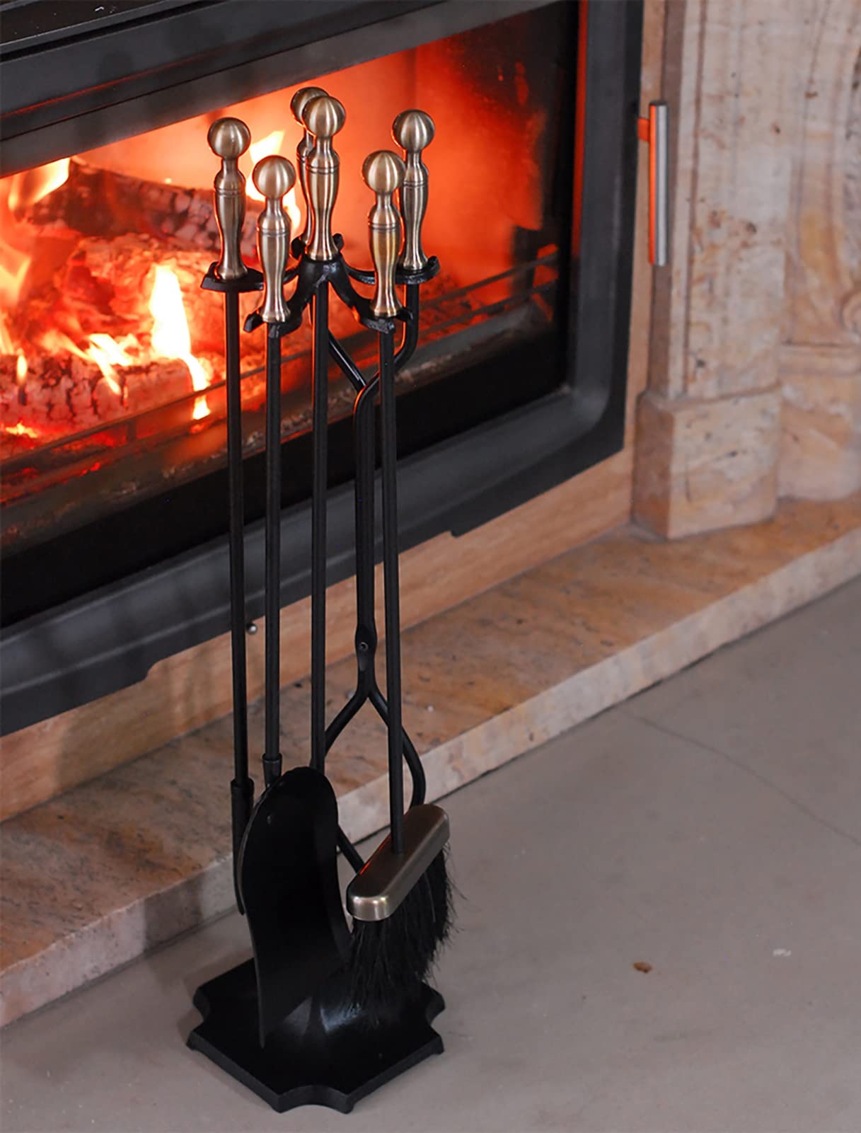 AVIISO 5-Piece Black Rustic Fireplace Tool Set - Cast Iron Fireplace Accessories with Stand, Poker, Shovel, Brush & Tongs for Wood Stove, Fire Pit & Chimney - Perfect for Indoor/Outdoor Fireplace Maintenance & Decoration