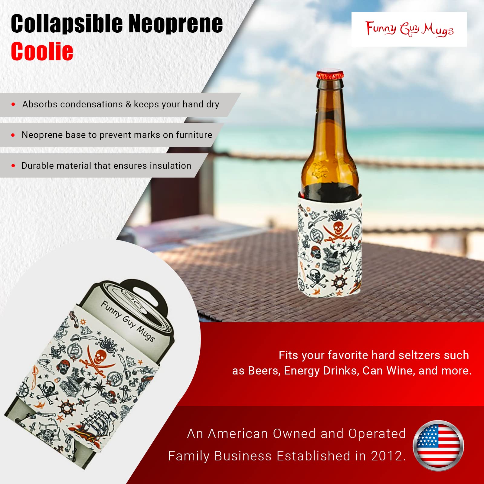 Funny Pirate Collapsible Neoprene Can Cooler - Insulated Drink Holder for Beer & Soda | Perfect for Beach, Camping & Tailgating Parties