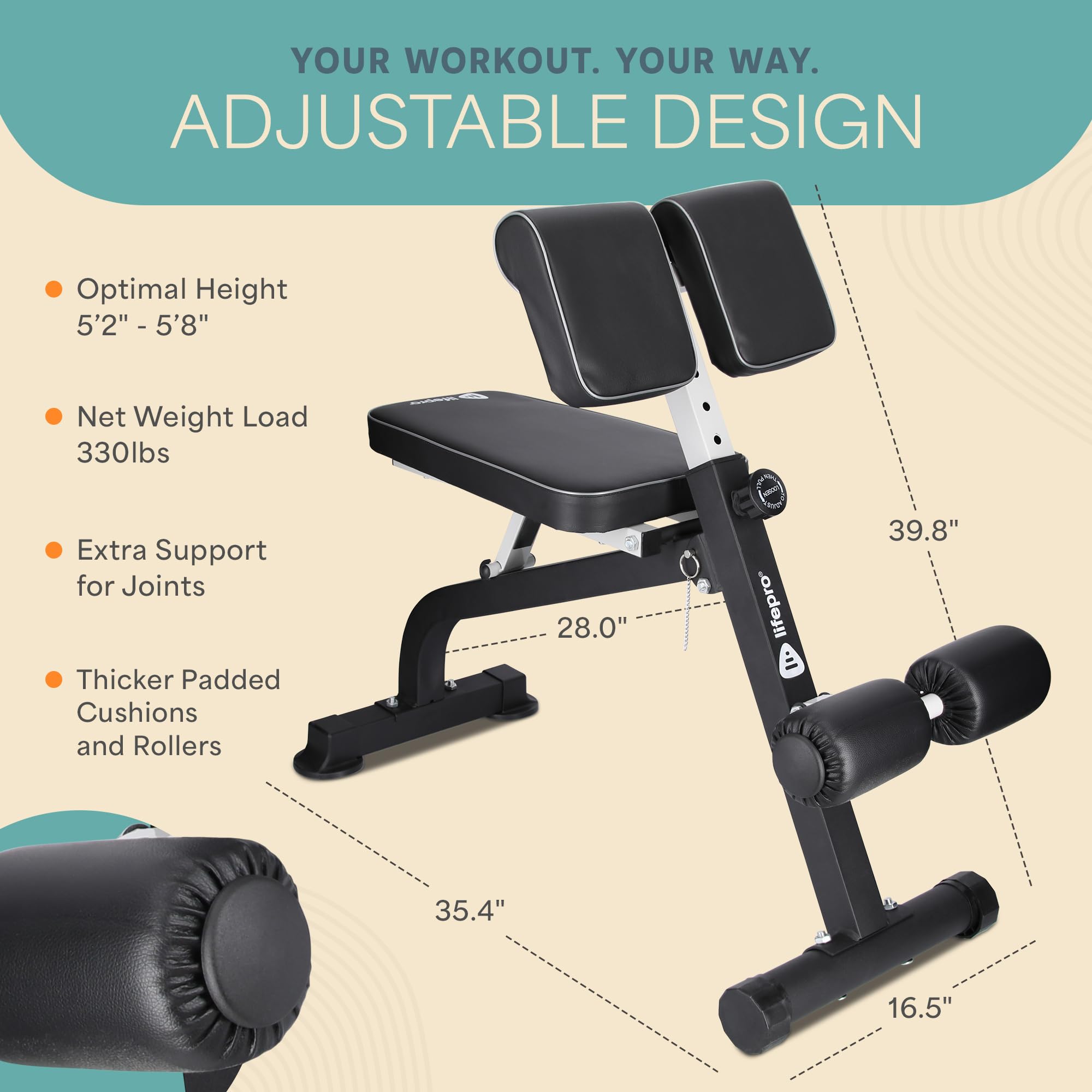Lifepro Adjustable Roman Chair Hyperextension Bench - Foldable Back Extension Machine for Glutes, Hamstrings & Lower Back Workout - Home Gym Equipment for Core Strength Training | Perfect for Home Fitness, CrossFit & Rehabilitation Exercises