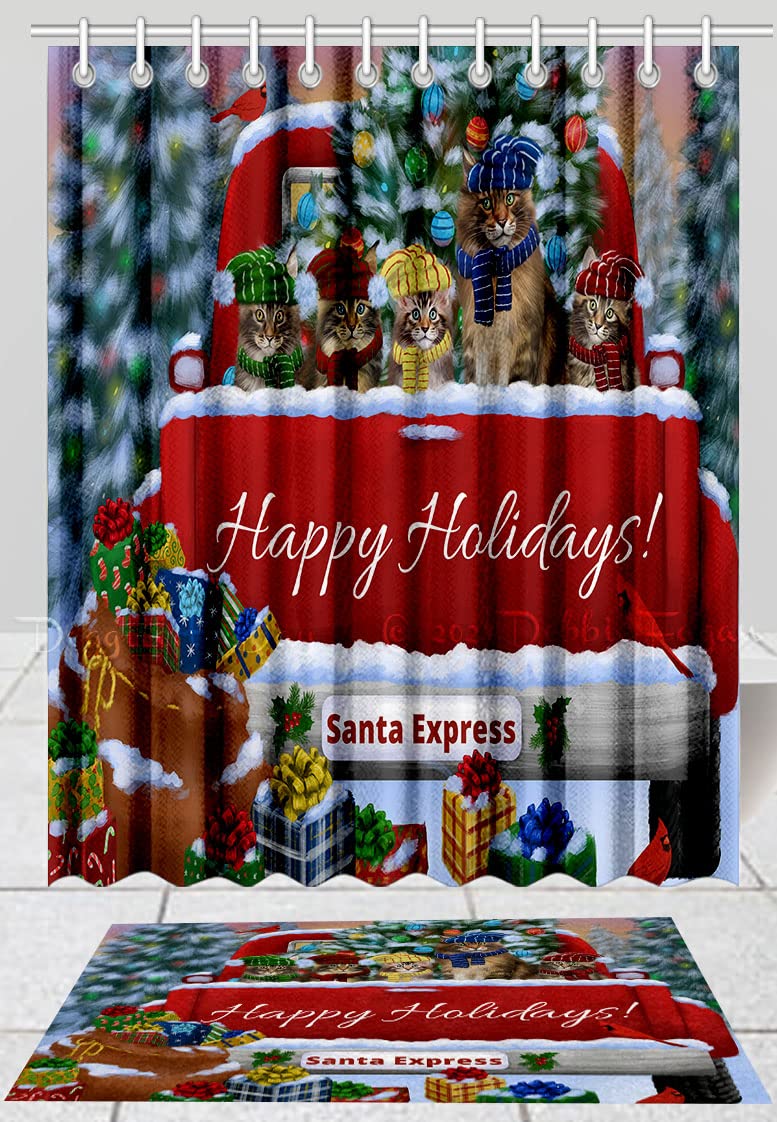 Christmas Red Truck Travel Home Maine Coon Cat Shower Curtain & Bath Mat Set - Anti-Slip Bathroom Decor, Plush Rug, Polyester Bathtub Curtain with Hooks (Bath Mat 20