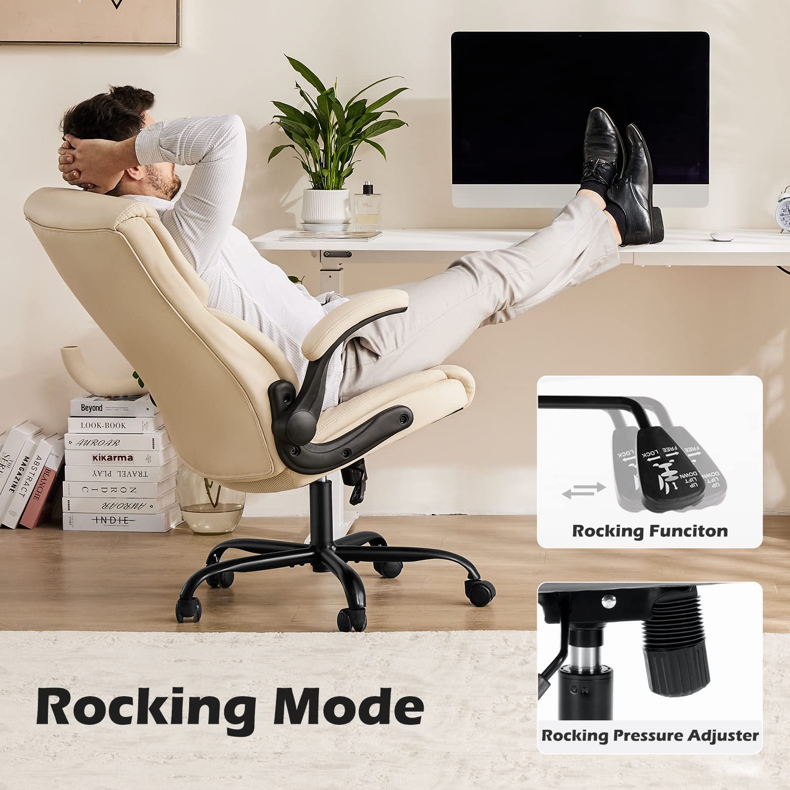 Ergonomic Executive Office Chair with Adjustable Flip-Up Armrests & Lumbar Support - Swivel Computer Desk Chair with Strong Metal Base & PU Leather (White) - Perfect for Home Office, Gaming, and Workspaces