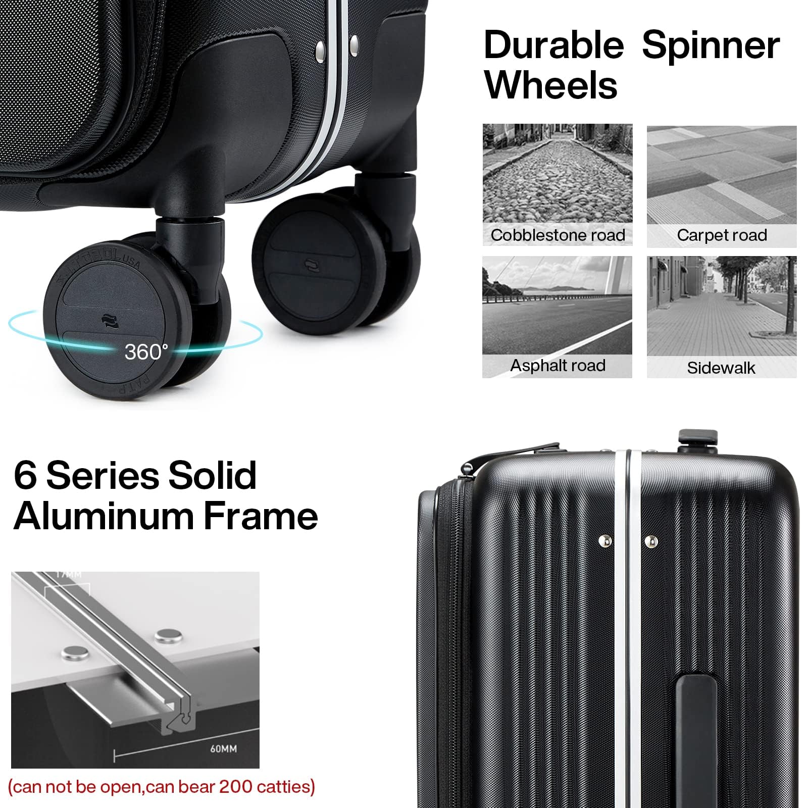 Hanke Grace 20 Inch Hard Shell Carry On Luggage with Wheels - Airline Approved Aluminum Frame Suitcase with Front Pocket for Business Travel & Short Trips (Jet Black) | Perfect for Business Professionals & Weekend Getaways