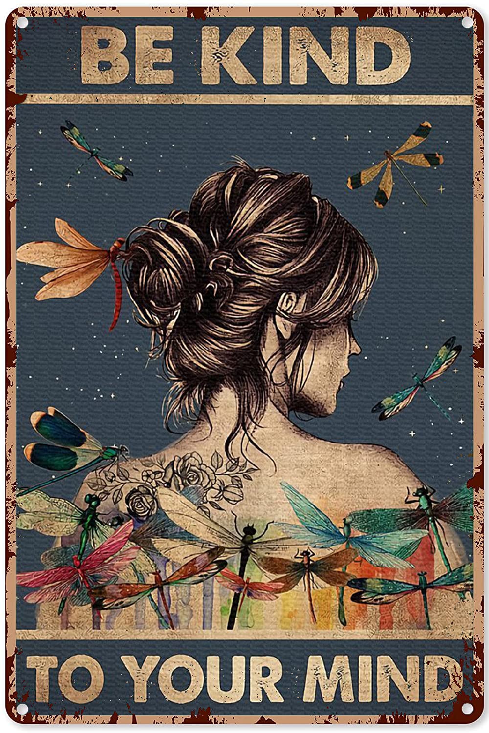 Be Kind to Your Mind Dragonfly Wall Art - 12x8 Inch Metal Sign for Bathroom Decor, Garden & Bedroom - Inspirational Dragonfly Girl Poster for Home & Office
