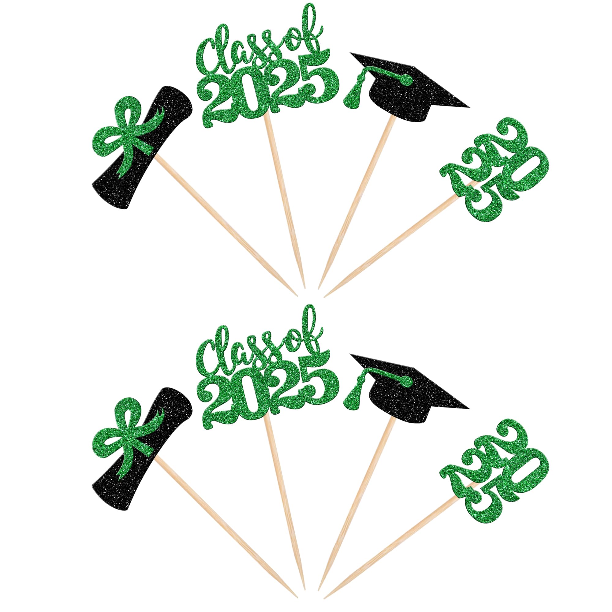 36 PCS 2025 Graduation Cupcake Toppers - Glitter Class of 2025 Caps & Diplomas Cake Decorations - Green Graduation Party Supplies for High School & College Celebrations, Birthday Cakes, Dessert Decor