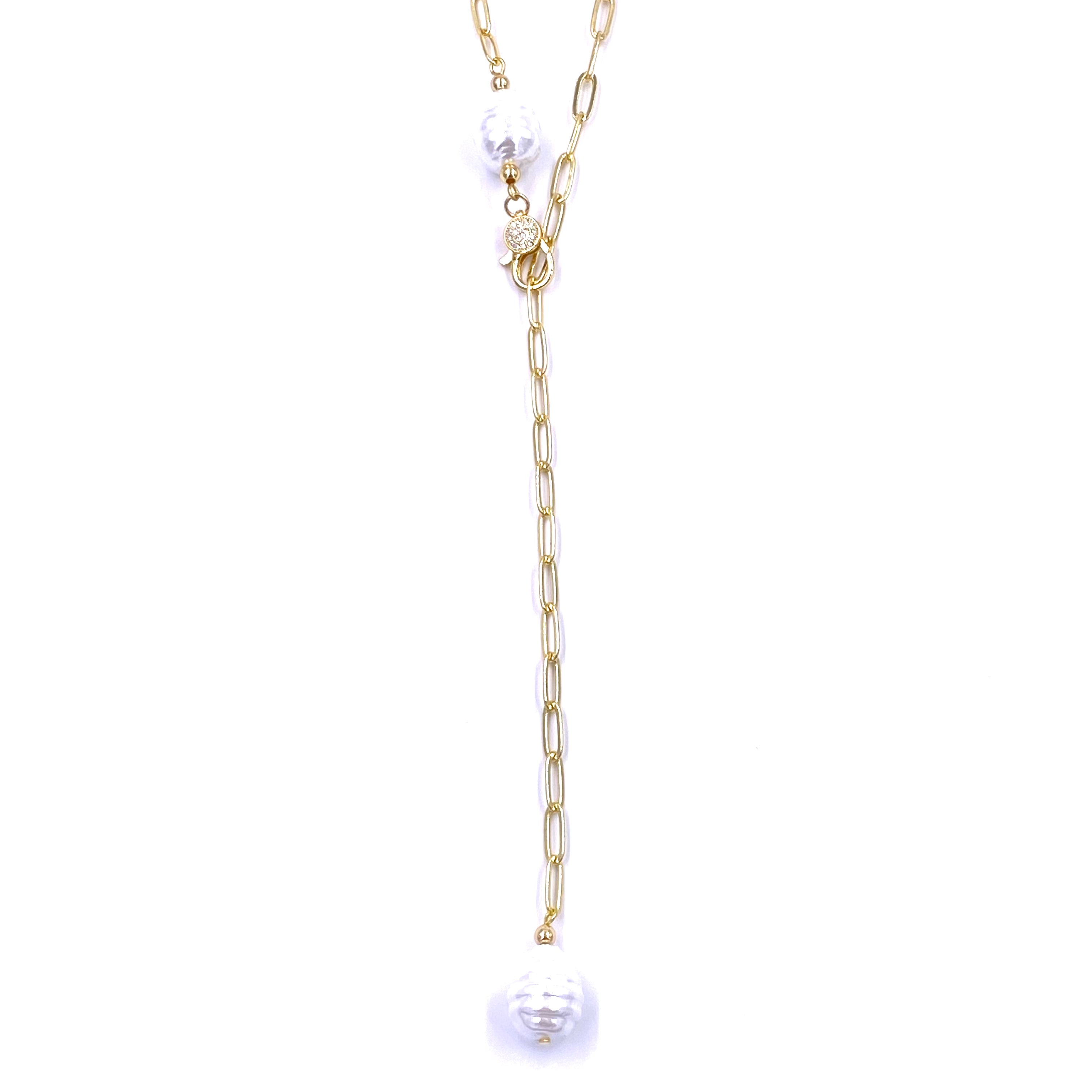 Elegant Ashley Gold Stainless Steel Pearl Link Lariat Necklace for Women | Trendy Layered Jewelry Gift for Her | Perfect for Weddings, Parties & Date Nights