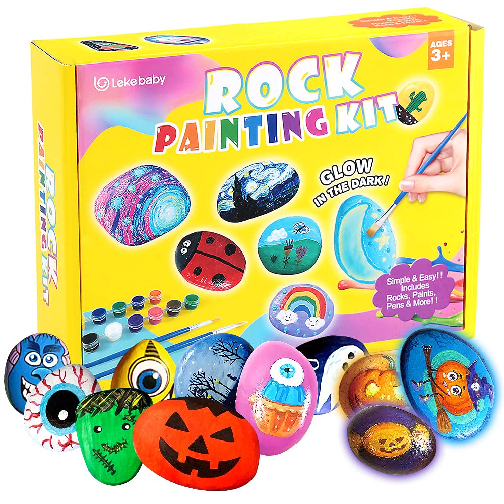 Lekebaby Rock Painting Kit for Kids Ages 4-8 - Glow in The Dark Arts & Crafts Set with 12 Vibrant Colors - Perfect Christmas Gift for Boys & Girls - Creative Outdoor & Indoor Activity for Preschoolers