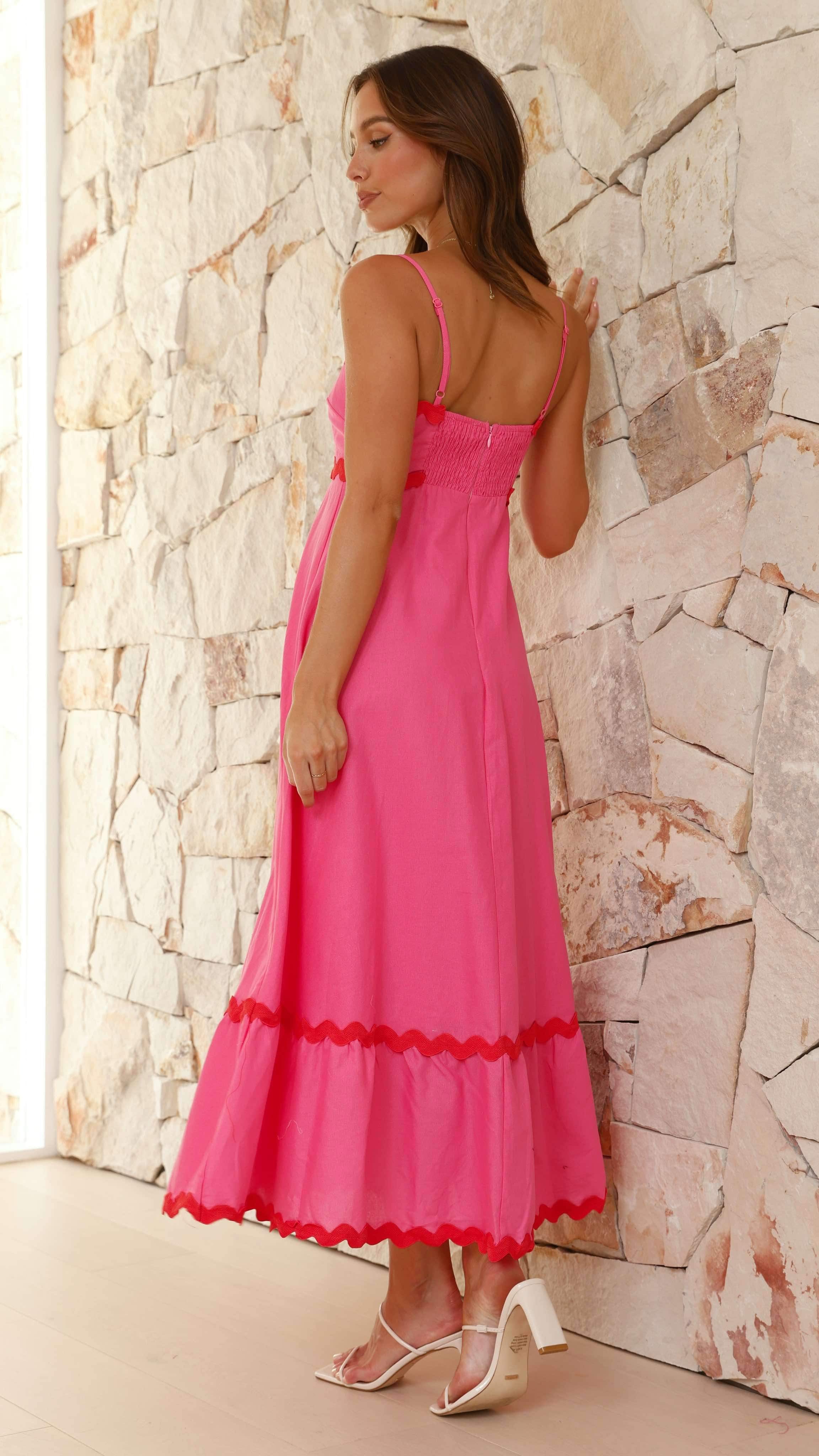 Brodey Midi Dress for Women - Flowy Pink & Red Summer Dress with Short Sleeves | Perfect for Beach Vacation, Date Night & Casual Outings
