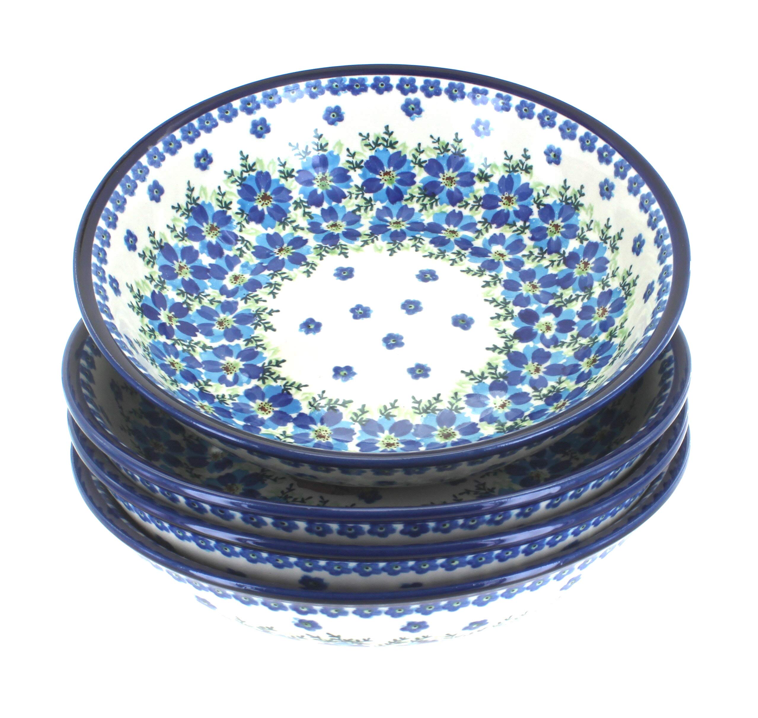 Blue Rose Polish Pottery Kalina 4-Piece Large Salad Bowl Set - Handcrafted Ceramic Serving Bowls for Salads, Pasta, Fruit & Entertaining