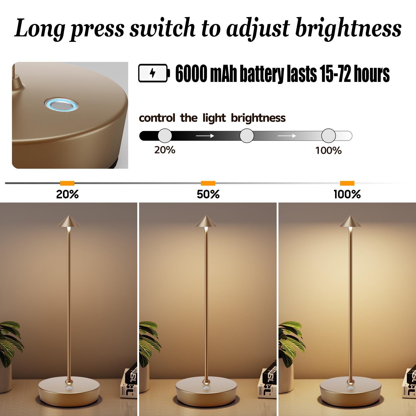 2 Pack Rechargeable Cordless LED Table Lamp - 6000mAh Battery Powered USB Desk Light with 3 Brightness Levels, Portable Metal Lamp for Restaurants, Outdoor, Camping & Home Office Use (Titanium)