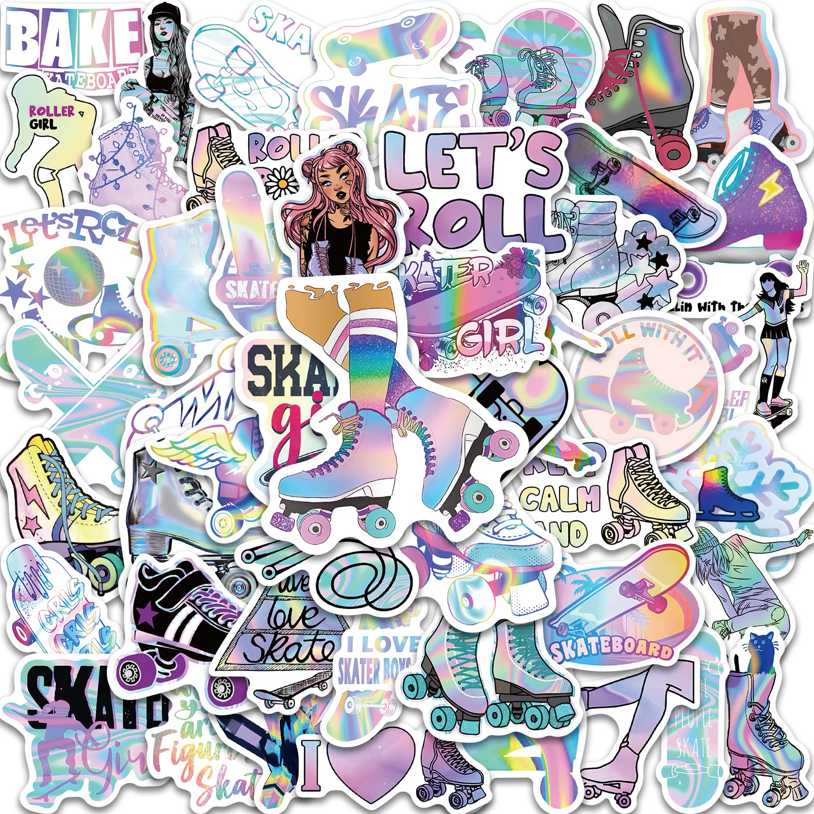 50Pcs Skater Girl Stickers - Vinyl Holographic Waterproof Decals for Water Bottles, Laptops, Skateboards & Journals - Fun Roller Girl Stickers for Kids & Teens - Perfect for DIY Crafts, School Supplies & Skateboard Decorations