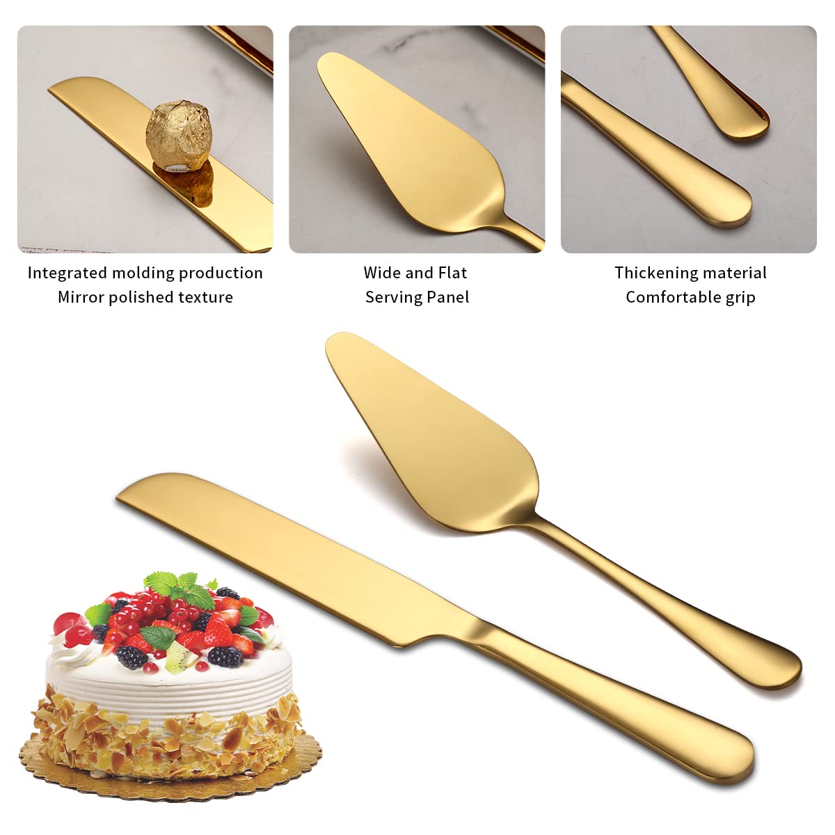 Kyraton Gold Wedding Cake Knife and Server Set - 24K Gold Titanium Plated Stainless Steel Cake Cutting Set with Knife & Server - Perfect for Weddings, Anniversaries, Birthdays & Special Celebrations