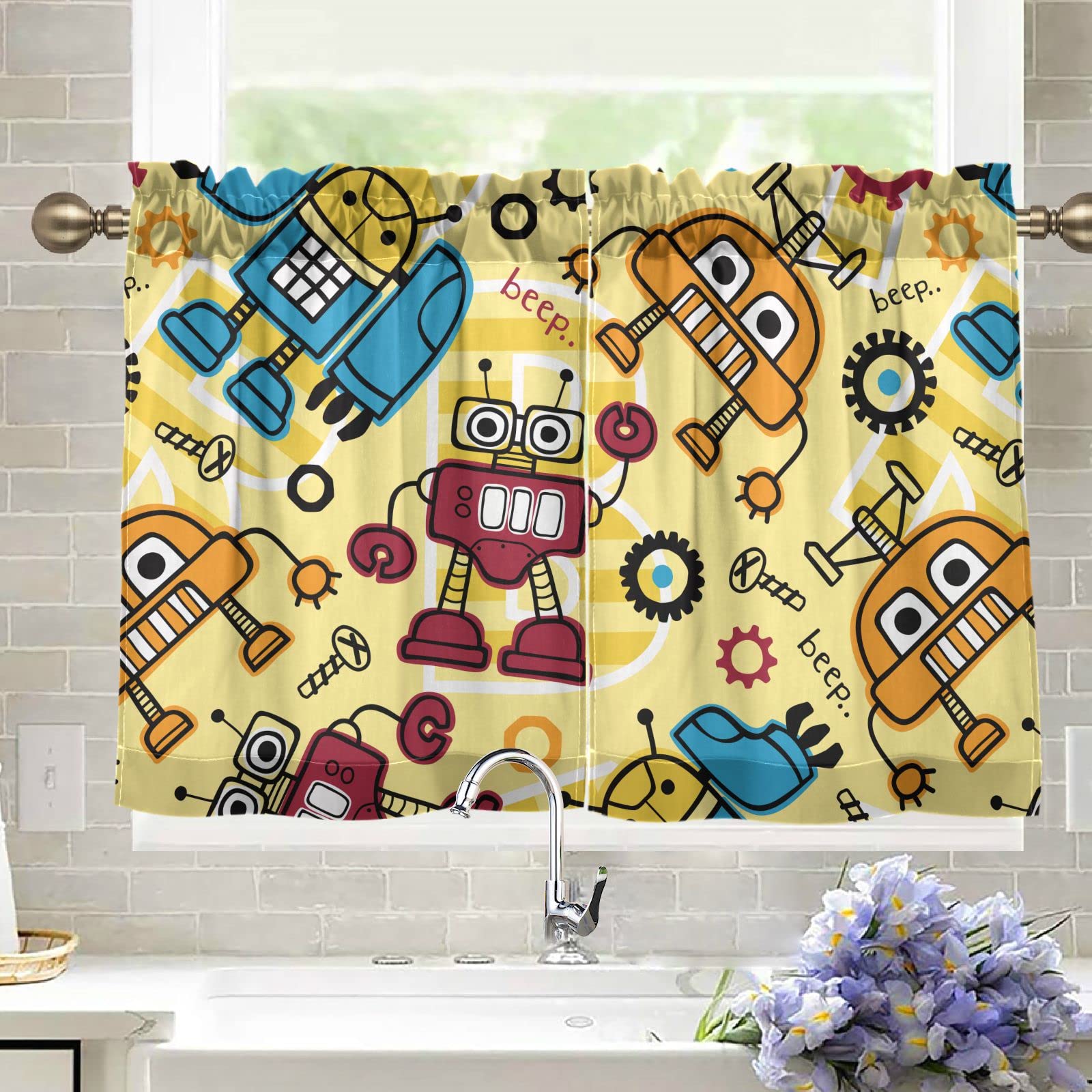 DOMIKING Robots Cartoon Kitchen Curtains 36 Inch Length - Cute Rod Pocket Short Window Curtains for Bathroom, Bedroom, Living Room & Farmhouse Decor - 2 Panels (27