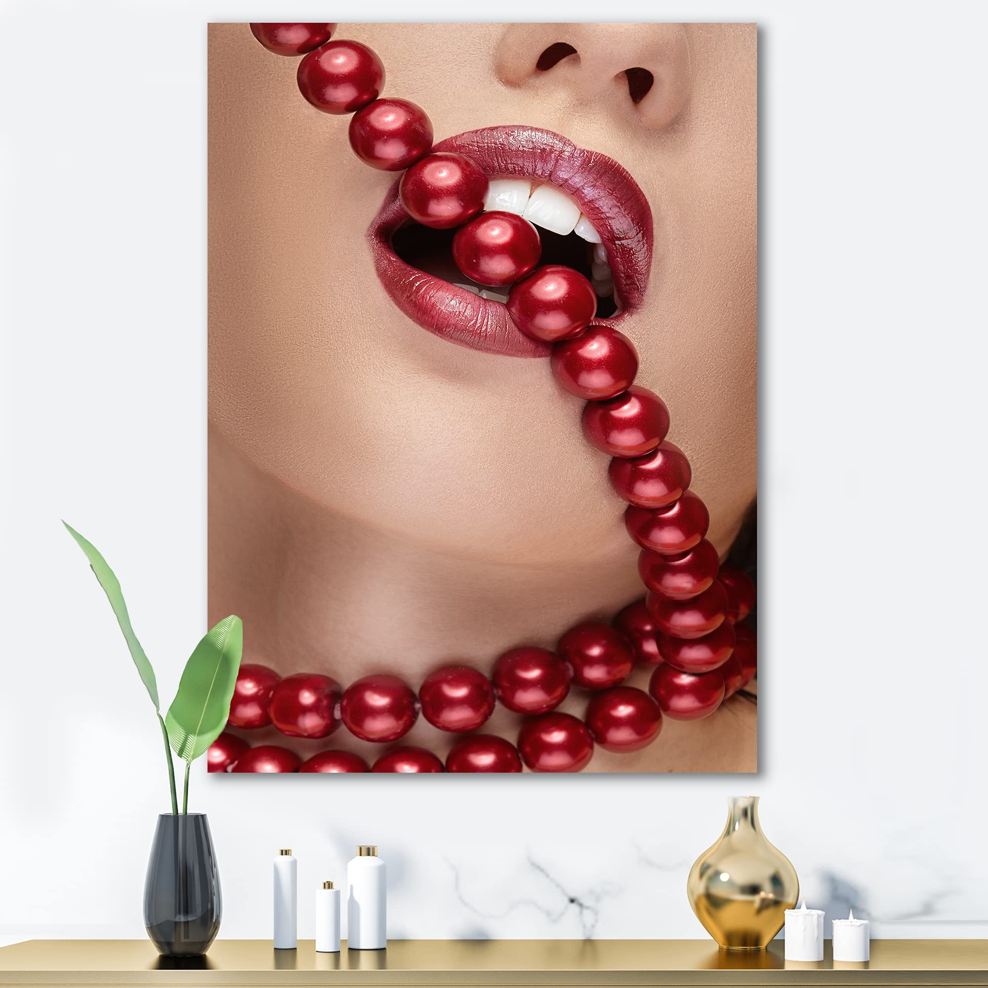 Modern Canvas Wall Art - Woman with Red Lipstick Biting Pearls - Elegant Home Decor for Living Room, Bedroom & Office
