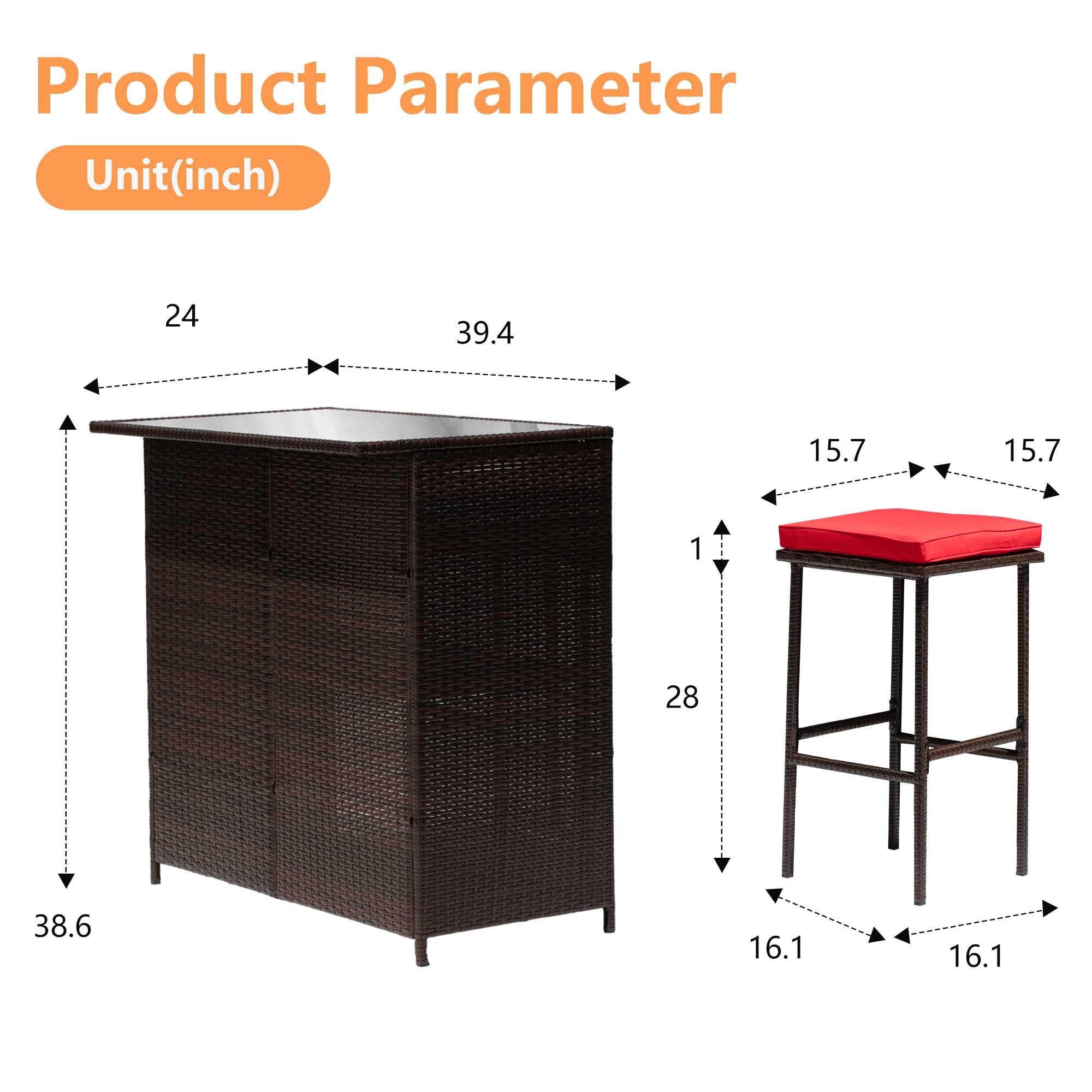 Premium 3-Piece Rattan Bar Set - Patio Wicker Bistro Table with Glass Top & 2 Bar Stools - Sturdy Frame with Storage Shelves - Outdoor/Indoor Use for Poolside, Porch, Garden & Backyard - Khaki (Red)