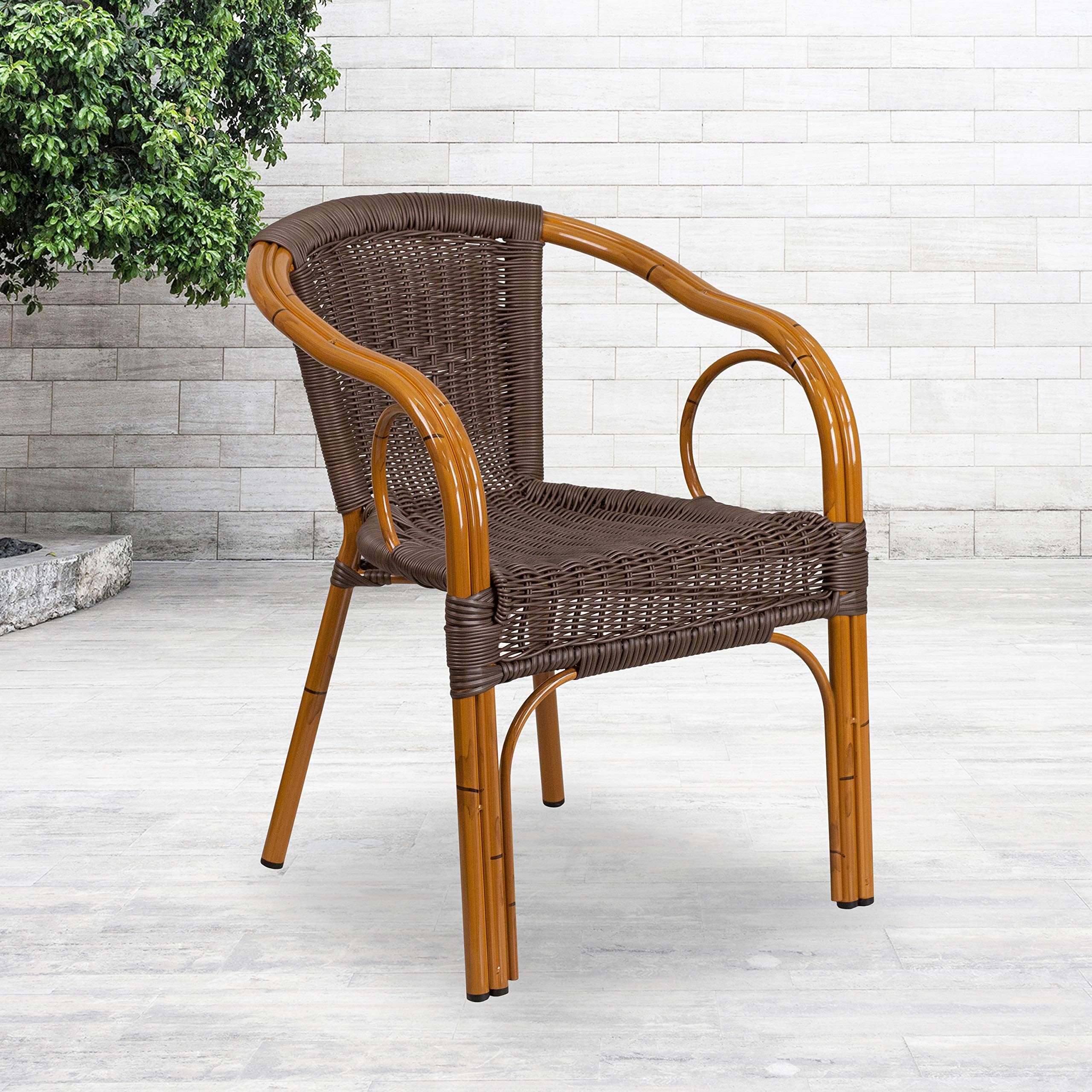 Dark Brown Rattan Patio Chair with Red Bamboo-Aluminum Frame - Outdoor Dining, Poolside Lounge, Garden Relaxation - Weather-Resistant Wicker Furniture