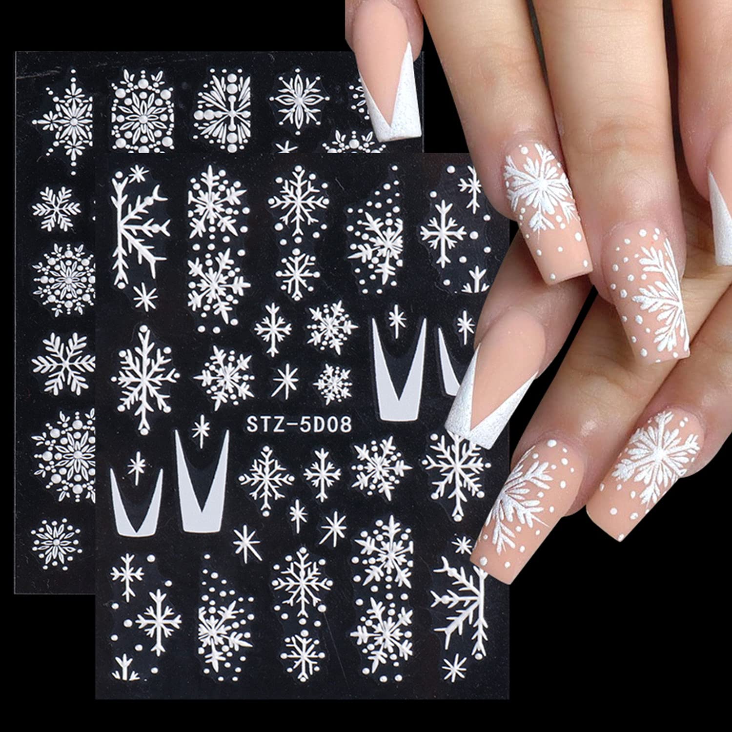 5D Stereoscopic Embossed Snowflake Nail Art Stickers - Christmas Nail Decals for Women, DIY Acrylic Nail Decorations, White Flower French Manicure Tips - Perfect for Holiday Parties, Winter Nail Designs & Gift Giving