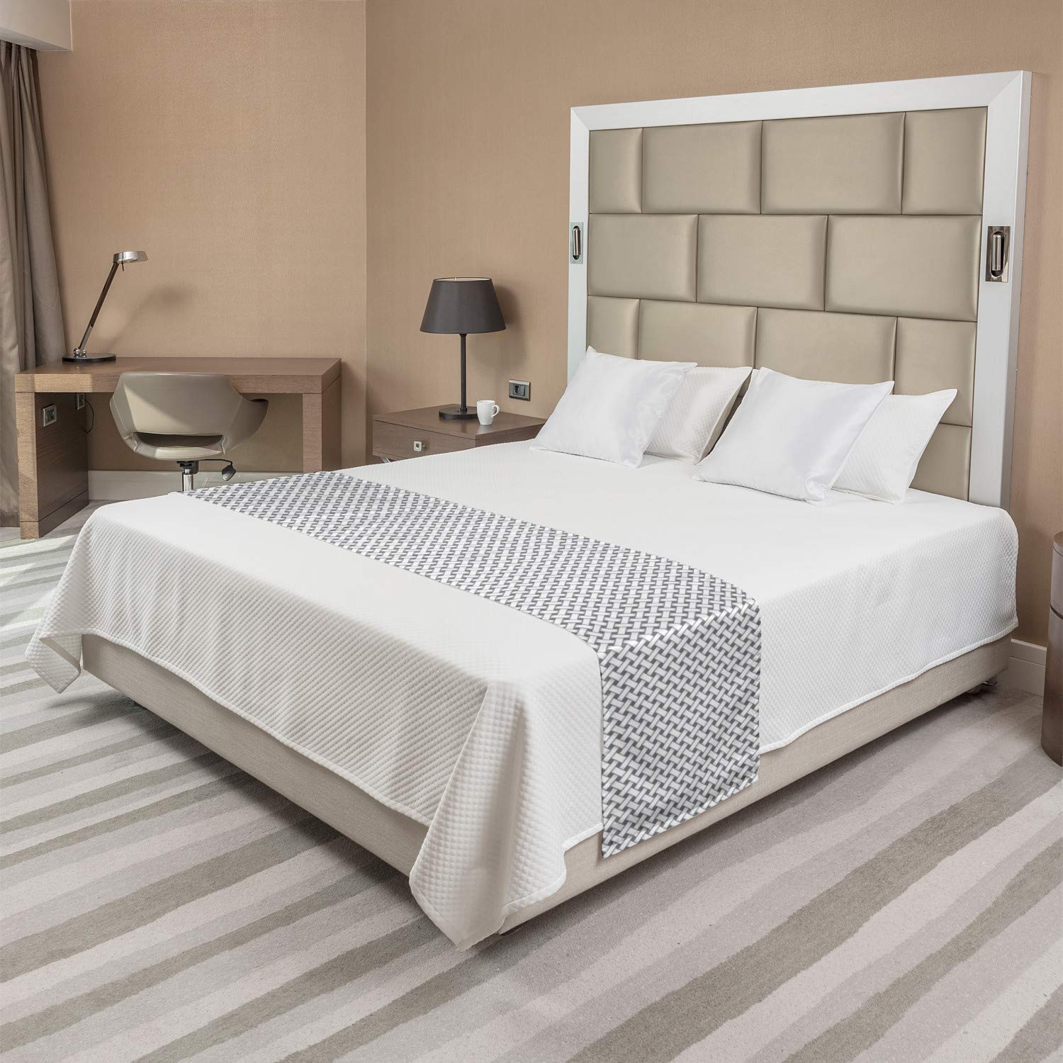 Ambesonne Lattice Bed Runner - Grey and White Diagonal Stripes Tile Print Decorative Bedding Scarf | Perfect for Hotels, Homes & Guest Rooms | Elegant Bed Accent for Master Bedroom, Airbnb or Wedding Decor