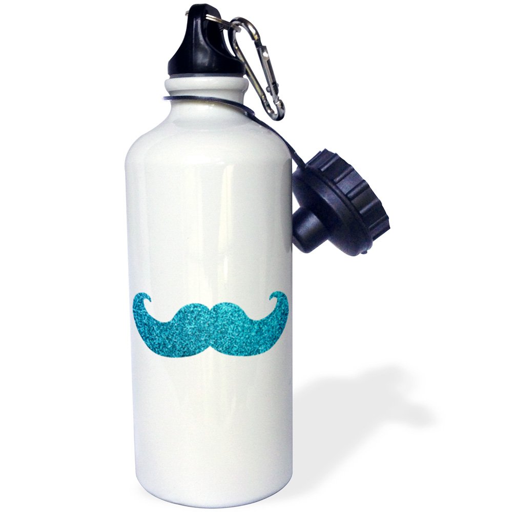 3D Rose Blue Bling Mustache Sports Water Bottle - 21 oz White Matte Glitter Texture Graphic - BPA Free Leak Proof for Gym, Hiking & Outdoor Activities