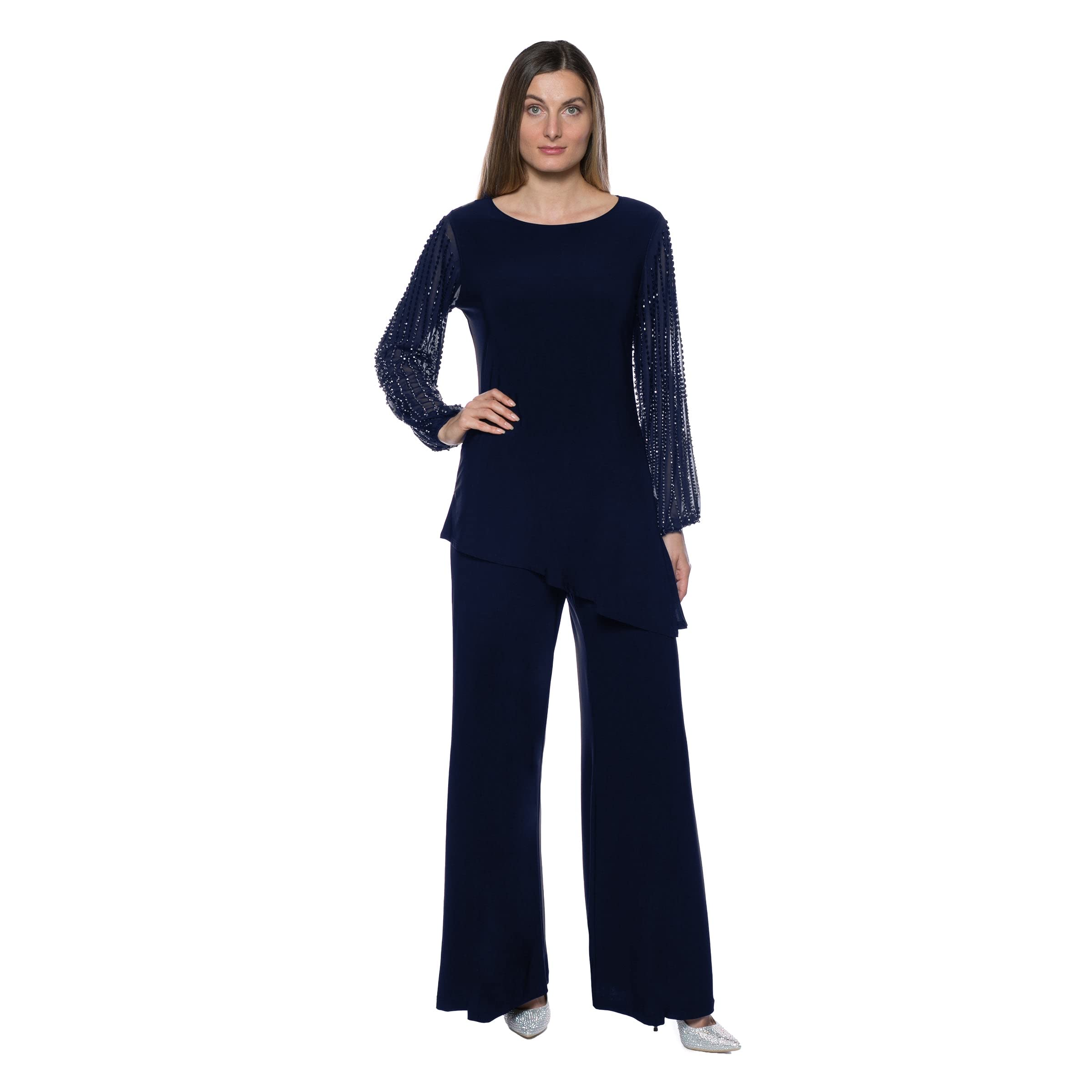 Elegant Marina Women's Beaded Sleeve Formal Pant Set - Wedding Guest Outfit & Rehearsal Dinner Attire | Perfect for Cocktail Parties, Bridal Showers & Special Occasions