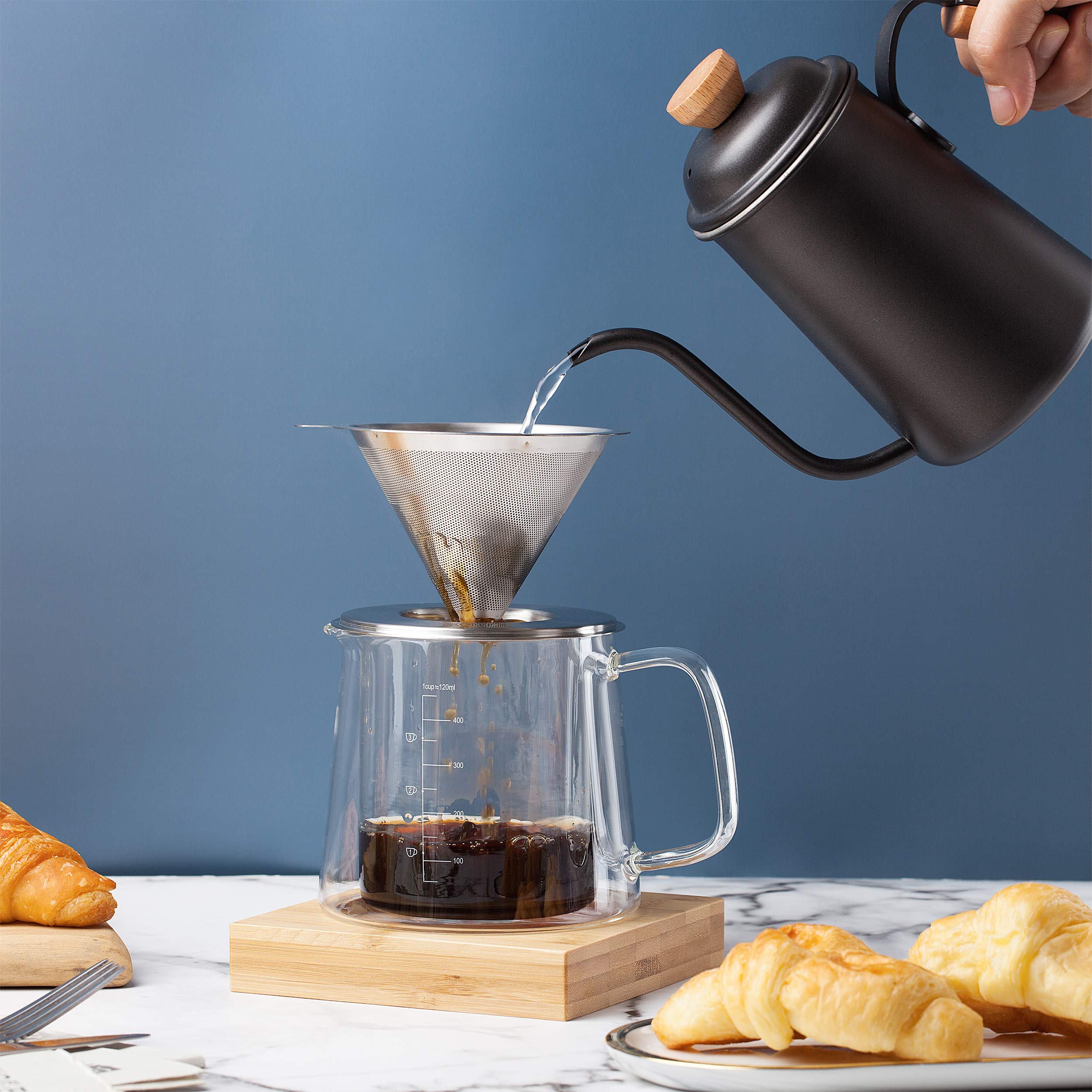 BTaT Pour Over Coffee Maker Set - 16 oz Double Wall Glass Drip Coffee Brewer with Permanent Filter, Manual Coffee Dripper for Home, Office & Camping Use