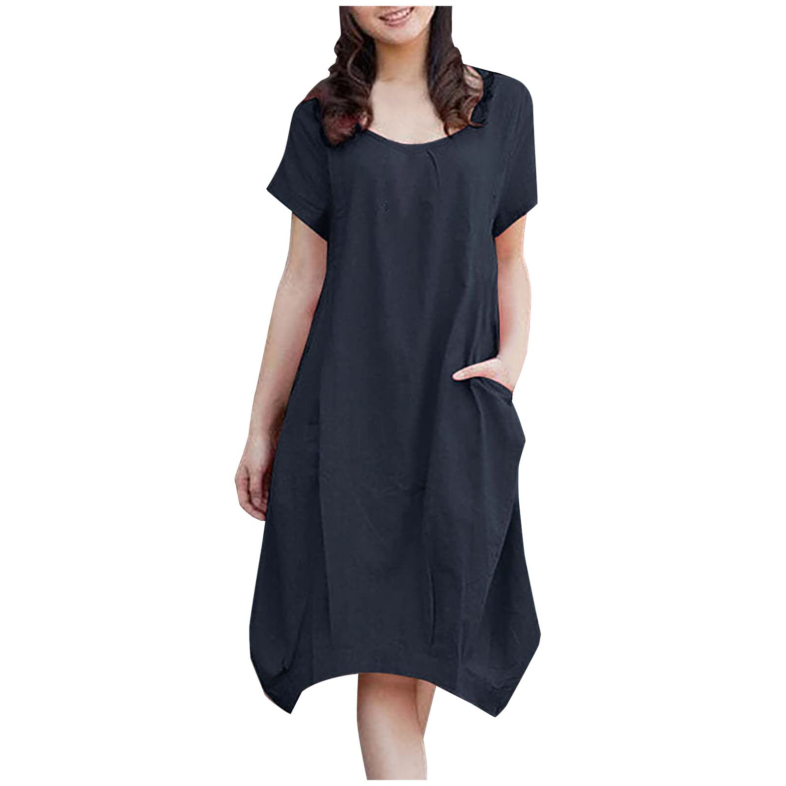 Women's Summer Cotton Linen Dress - Short Sleeve Scoop Neck Loose T-Shirt Style with Pockets | Comfortable Casual Dress for Beach, Vacation & Everyday Wear