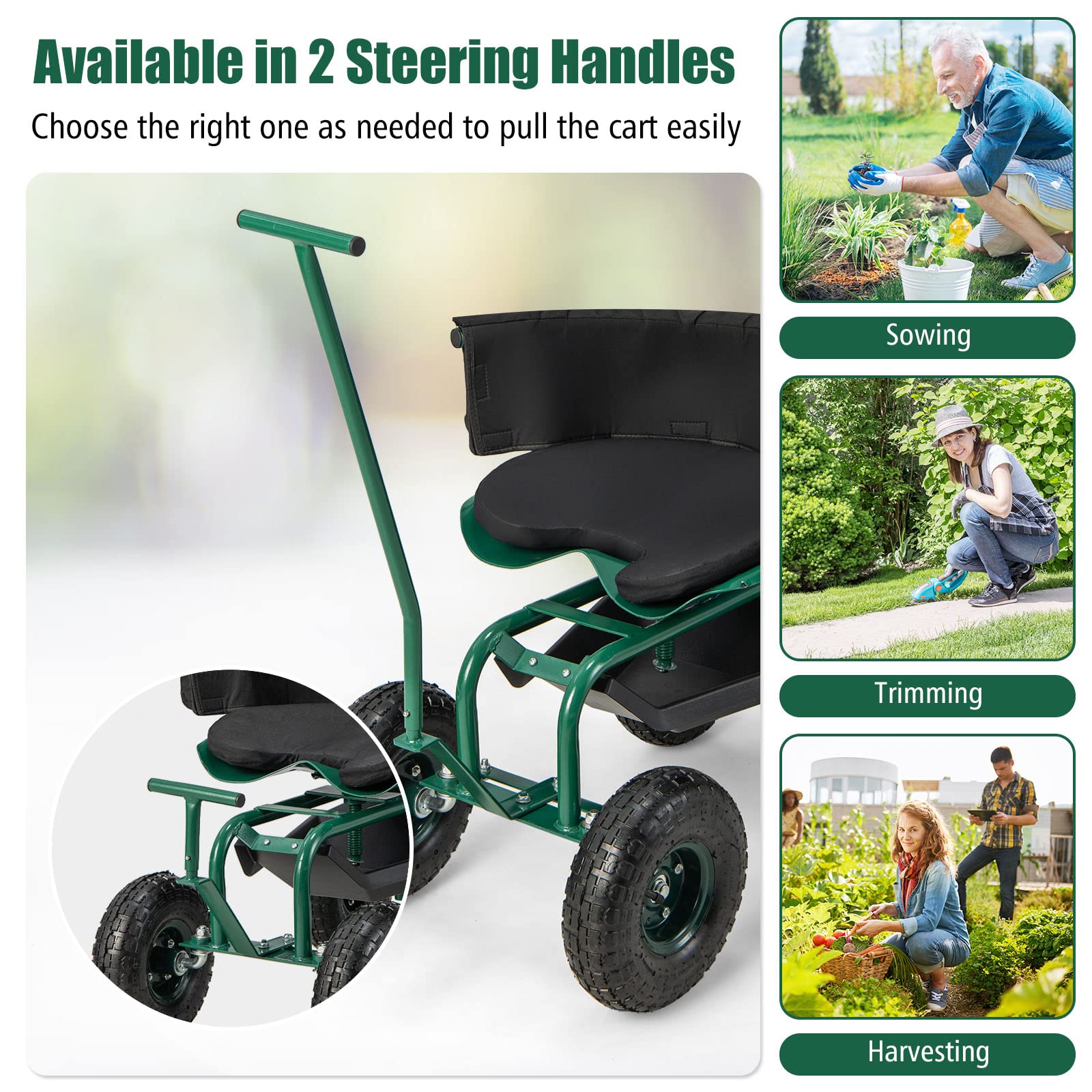 Goplus Rolling Garden Seat with Wheels - 360° Swivel Outdoor Gardening Cart with Tool Storage & 2 Steering Handles - Foldable Gardening Stool Wagon Scooter for Lawn, Patio & Yard Work - Perfect for Seniors & Elderly Gardeners (Ideal for Planting, Weeding & Landscaping)