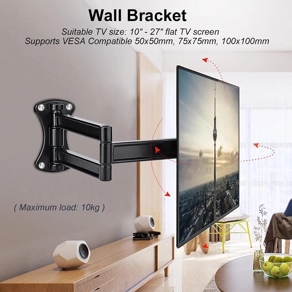 Universal TV Wall Mount Bracket - Full Motion Swivel and Tilt Stand for 10-27 Inch Flat Screen LED LCD TVs - Perfect for Living Room, Bedroom, or Office Setup