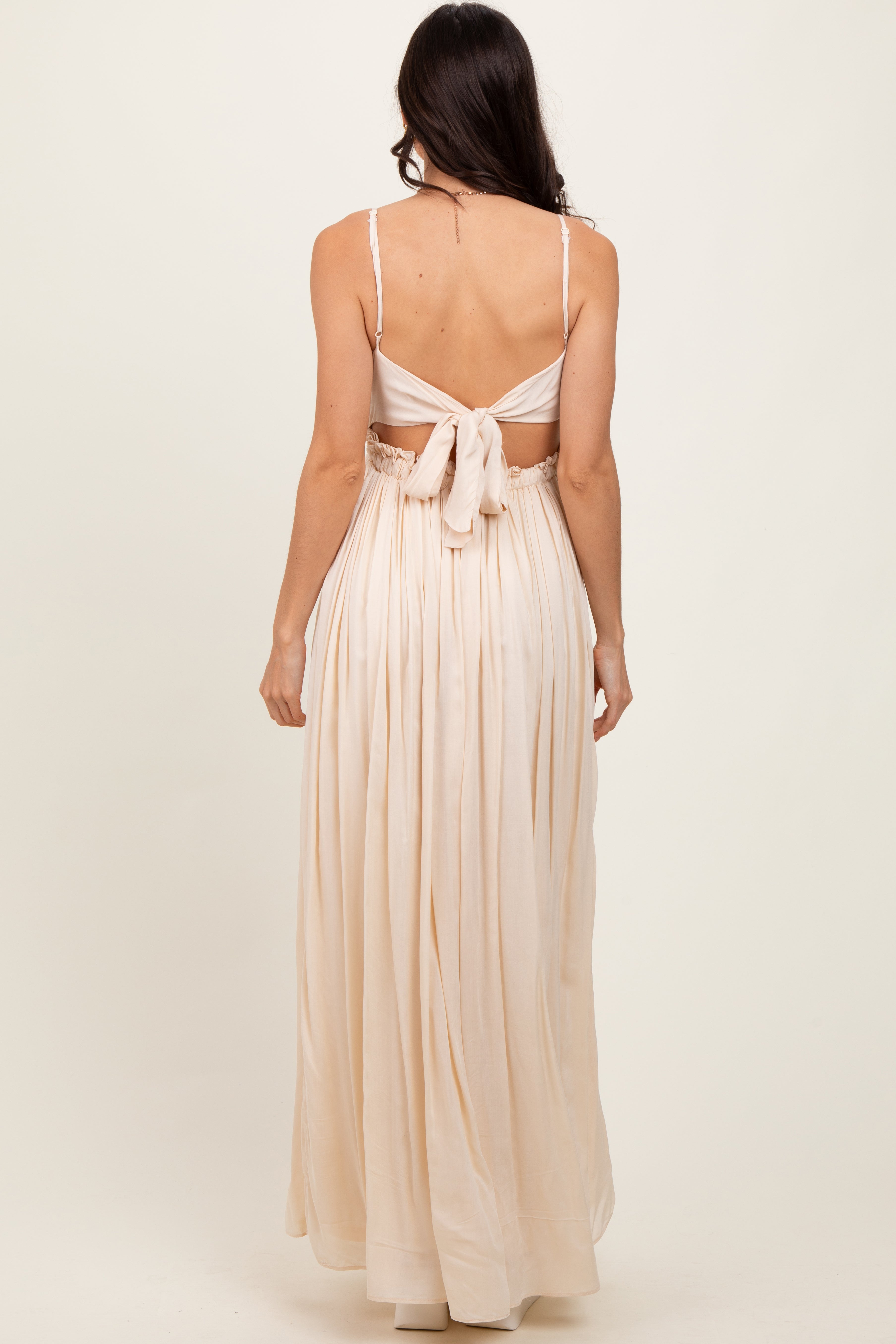 Elegant Beige Lace Maxi Dress with Cutout Bodice & Tie Back - Perfect for Weddings, Parties & Special Occasions