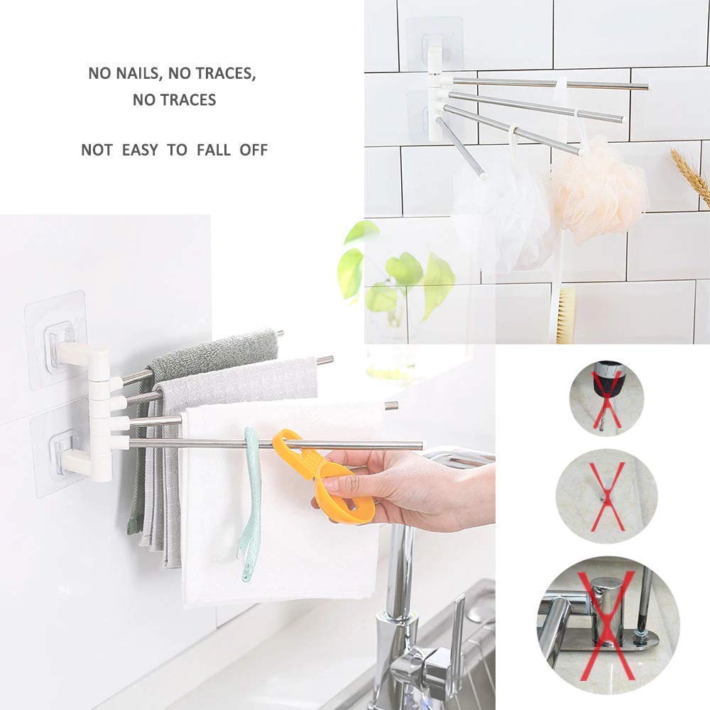 Stainless Steel Self-Adhesive 4-Arm Bathroom Swing Hanger Towel Rack - Space-Saving Bathroom & Kitchen Organizer for Towels, Robes & Accessories - Perfect for Small Bathrooms, Apartments & Dorm Rooms