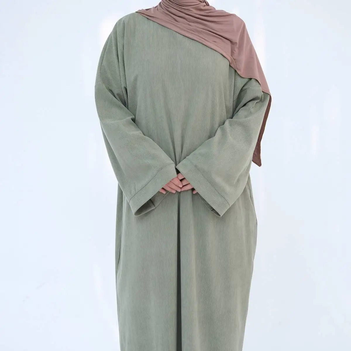 Thick Winter Fall Corduroy Abaya Dress with Pockets - Modest Long Dress for Muslim Women - Perfect for Prayer, Mosque, and Everyday Wear
