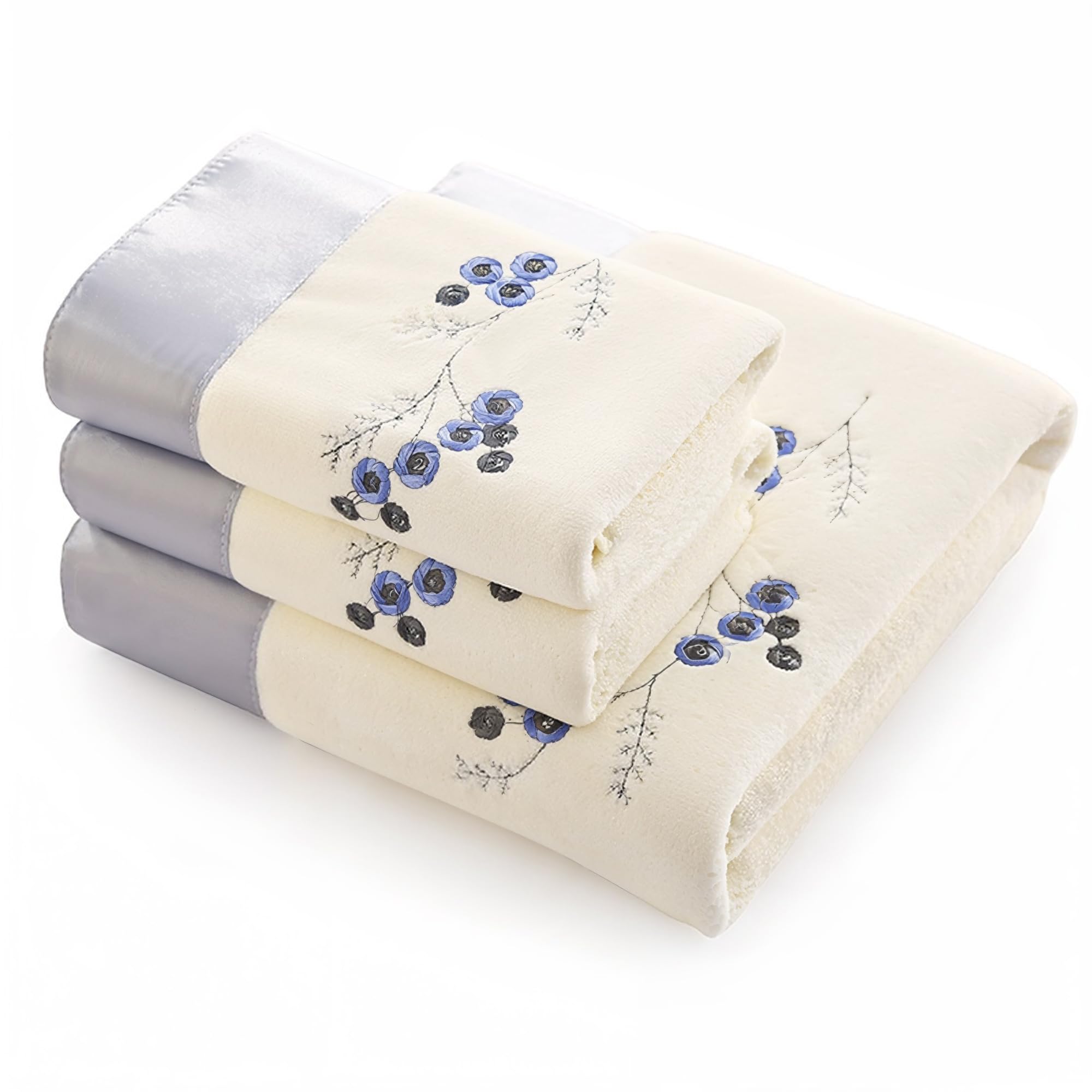 Premium White and Blue Embroidered Bath Towel Set - 2 Hand Towels & 1 Bath Towel | Soft Absorbent Cotton for Spa, Bathroom, and Guest Use