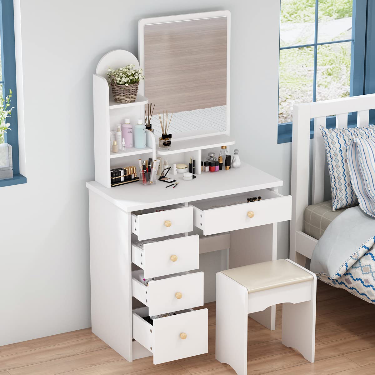 White Vanity Table Set with Mirror & Drawers for Girls & Women - Perfect for Makeup & Dressing