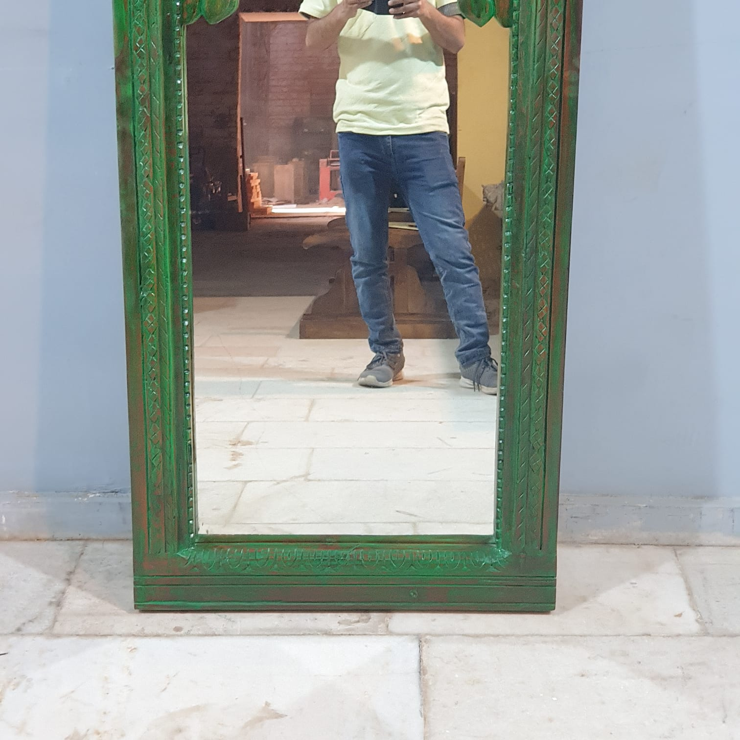 Handmade Indian Wooden Mirror Frame - Rustic Green Carved Design 70x150 cm - Perfect for Boho Home Decor, Living Room & Bedroom Wall Art