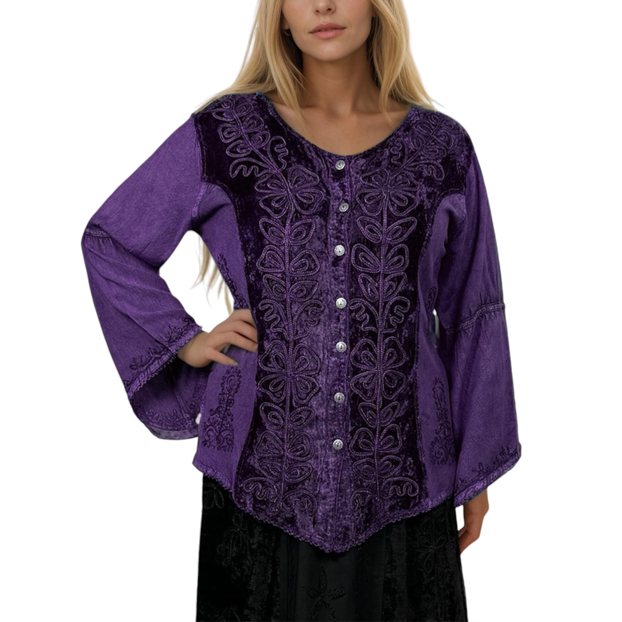 Agan Traders 2025 Long Sleeve Velvet Blouse for Women - Vintage Renaissance Button Down Embroidered Top | Spring Winter Fashion | Perfect for Holiday Parties, Date Nights & Renaissance Fairs