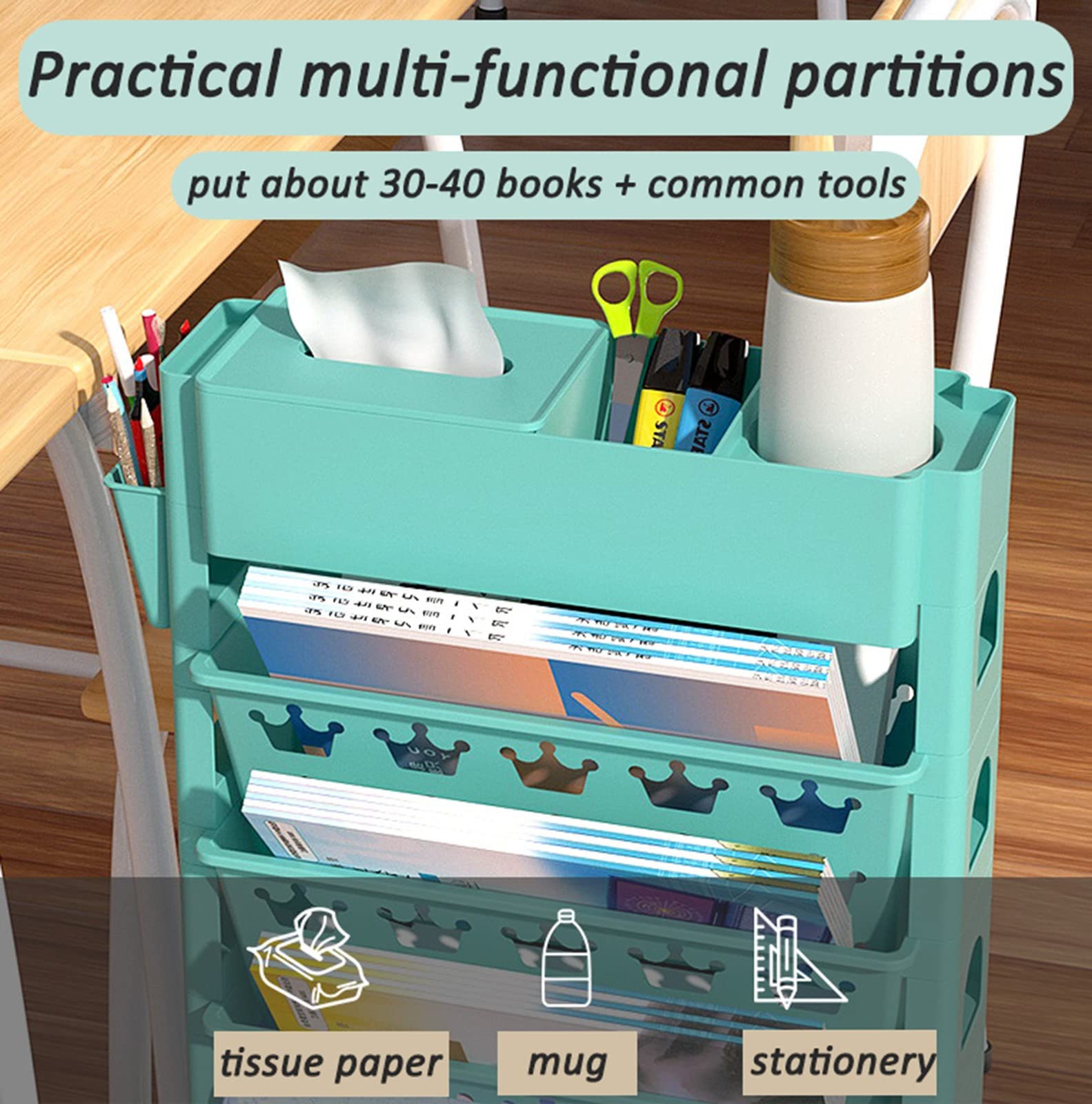 Portable Rolling Bookshelf for Classroom - Slim Mobile Desk Storage Organizer with Wheels, Compact Bookcase for Books, Magazines & Supplies - Ideal for School, Library, Office & Home Study Use