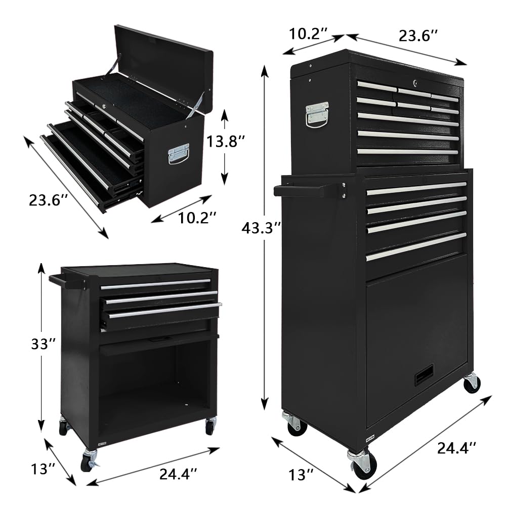 13-Drawer Rolling Tool Chest with Detachable Toolbox - Heavy Duty Metal Tool Storage Cabinet with Sliding Drawers for Garage, Workshop & Mechanic Tools Organization (Black) - Perfect for Automotive Repair, DIY Projects & Professional Workspaces