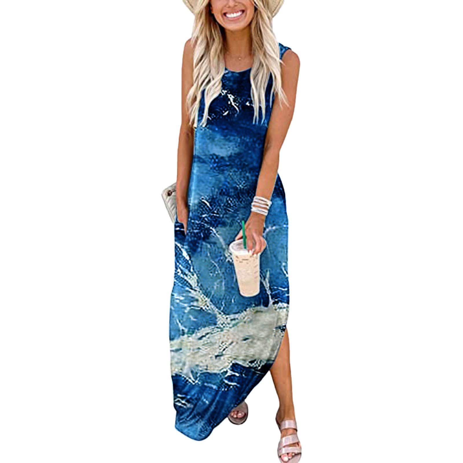 QWKLEAJ Floral Sunflower Print Long Maxi Dress - Women's Loose Swing T-Shirt Dress with Crew Neck for Summer, Beach, Graduation & Casual Wear