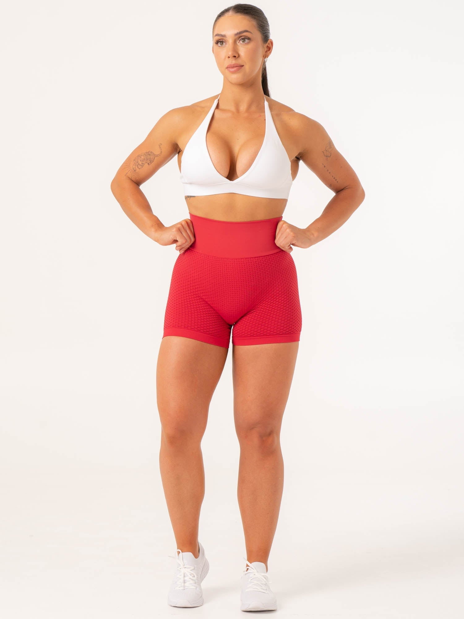 Honeycomb Scrunch Seamless Shorts for Women - High Waisted Yoga Shorts, Lipstick Red - Perfect for Workout, Running, Gym & Lounge Wear