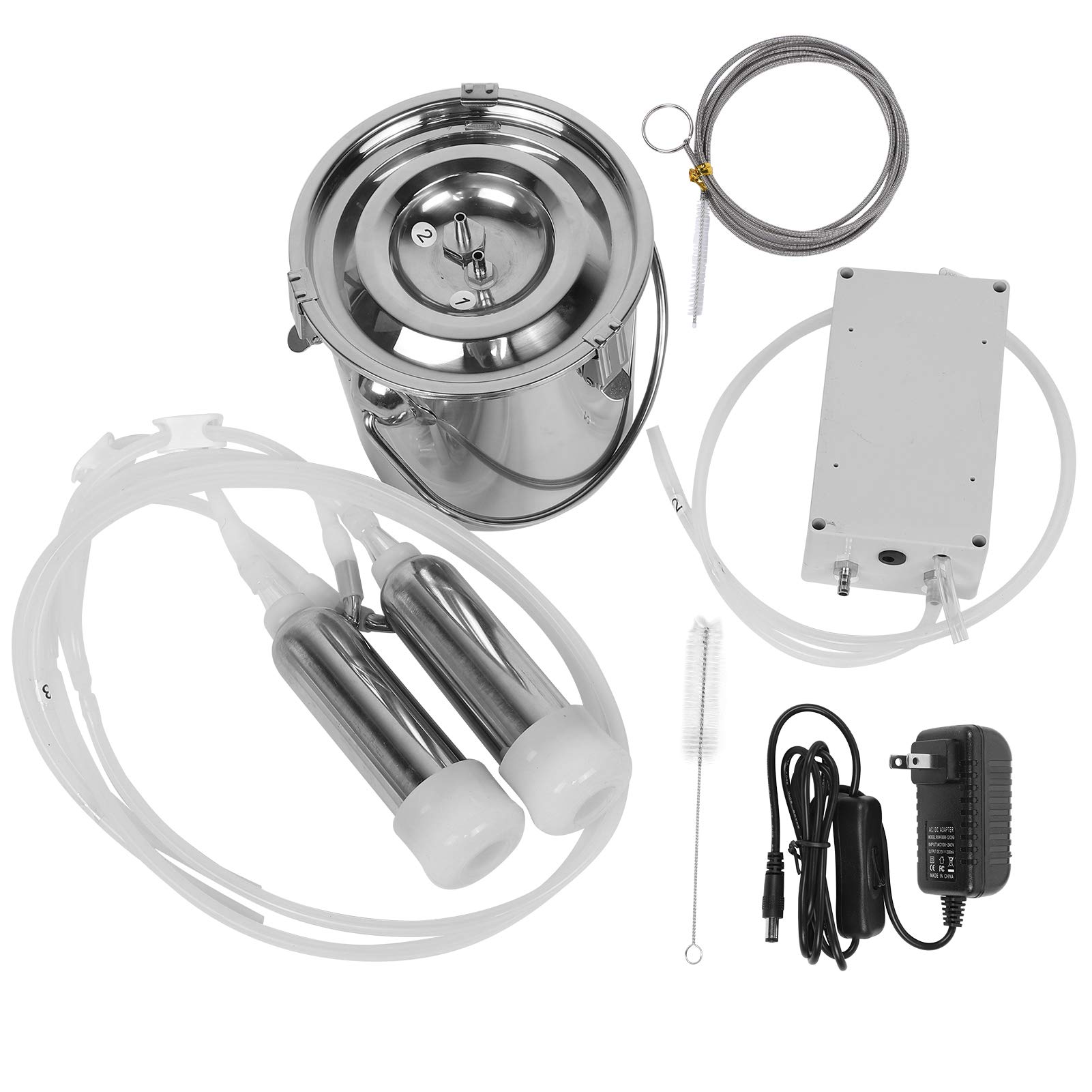 Zerodis Electric Milking Machine for Goats & Cows - 100-240V Household Vacuum Pulse Pump Milker with 3L Stainless Steel Bucket & Regulator Set (US Plug) - Perfect for Small Farms, Homesteads & Dairy Production