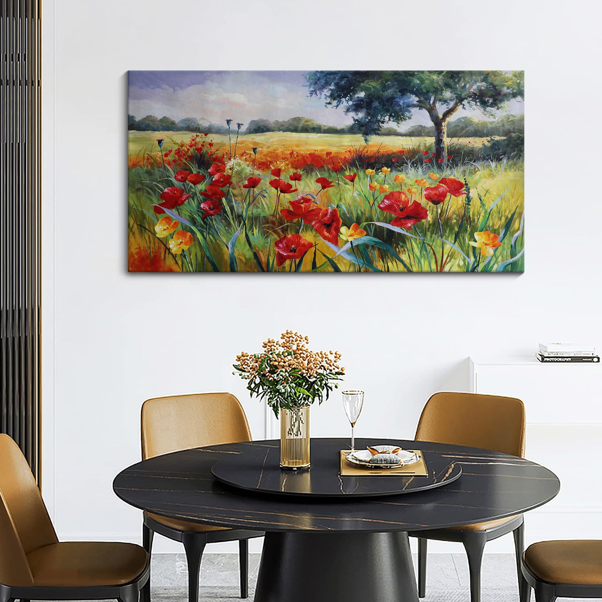 Large Green Trees & Red Yellow Flowers Canvas Wall Art - Modern Nature Prints Framed Decor for Living Room & Bedroom (24x48 Inches) - Perfect for Home, Office & Apartment Decoration