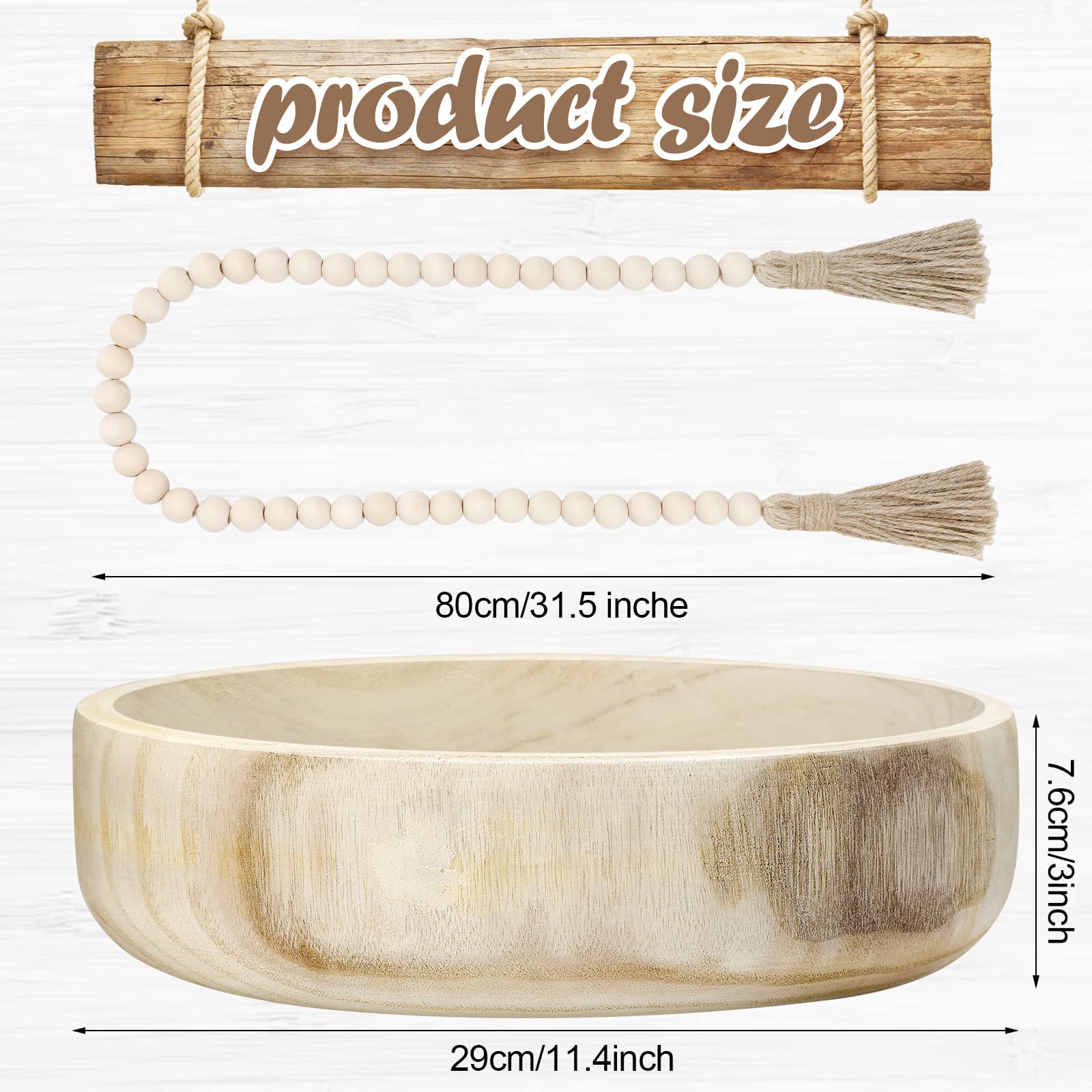 Kathfly Natural Rustic Wooden Decorative Bowl Set - Paulownia Wood Serving & Dough Bowl for Home Decor, Table Centerpieces, Wedding & Party Decorations with Wood Bead Garland (Round) - Perfect for Farmhouse Style Dining, Rustic Weddings, and Holiday Tablescapes