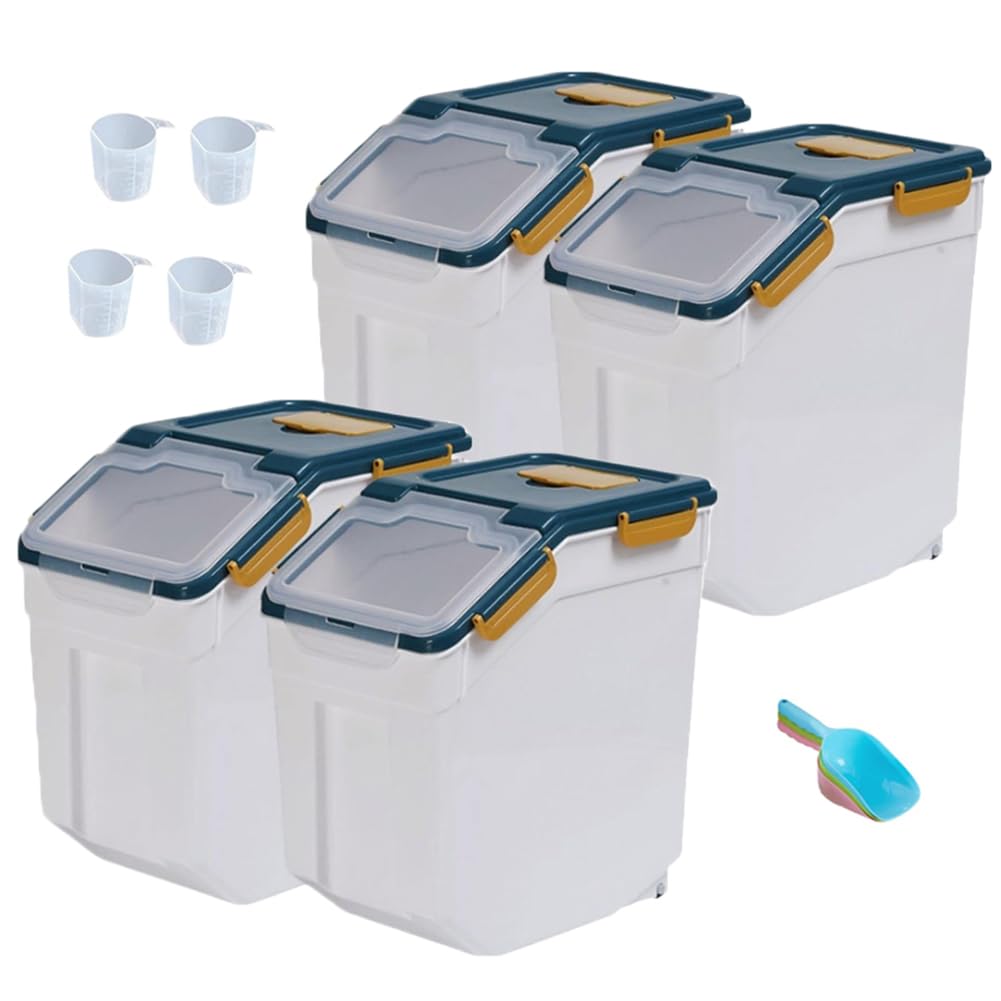 25lb Airtight Food Storage Containers with Wheels & Locking Lid - Large Flour, Rice, Grain Bin Set Includes Measuring Cup & Scoop (Blue, 4-Piece) - Perfect for Kitchen Pantry Organization & Bulk Food Storage