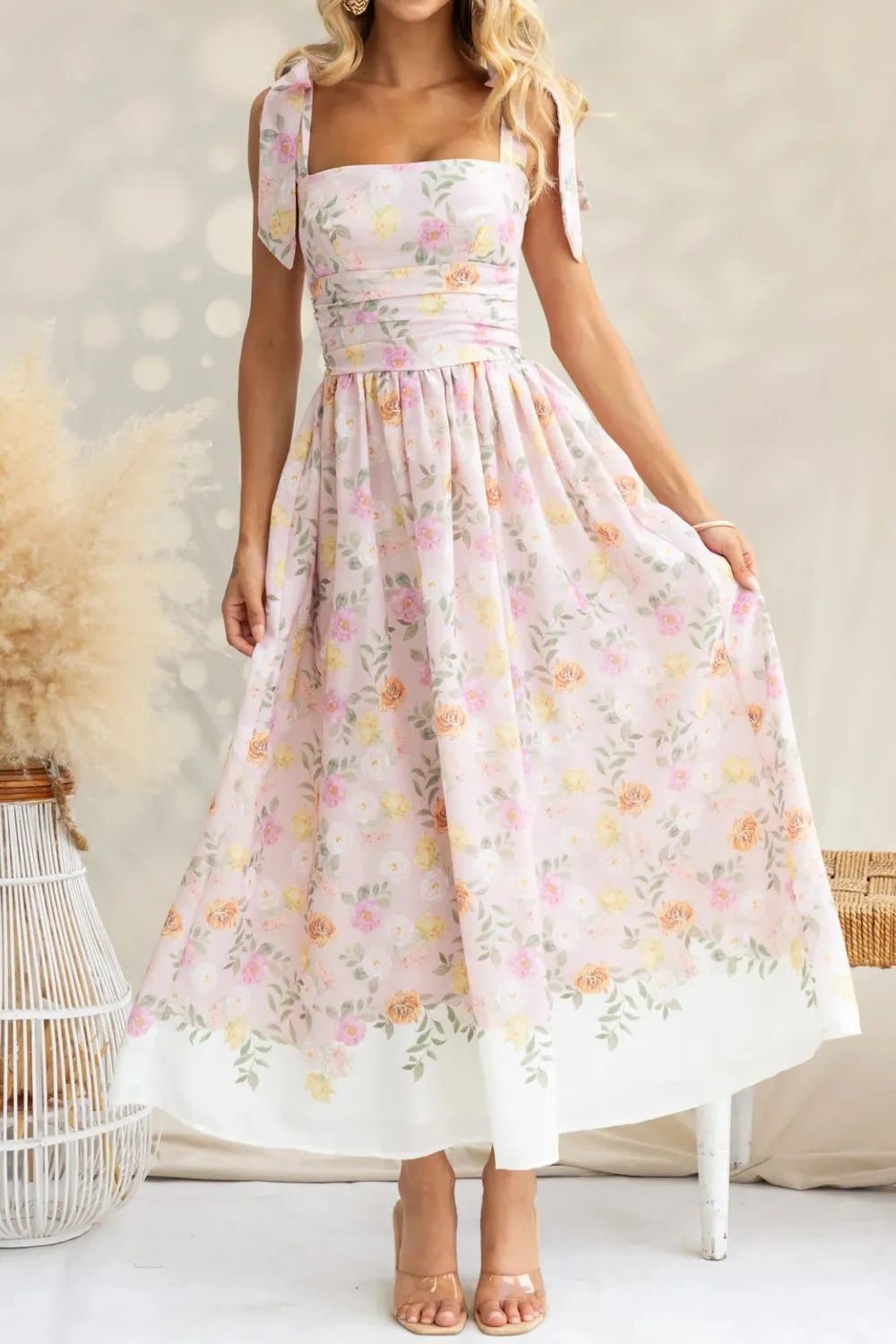 Floral Print Tie Shoulder Midi Cami Summer Dress for Women - Perfect for Beach Vacations, Date Nights & Outdoor Parties